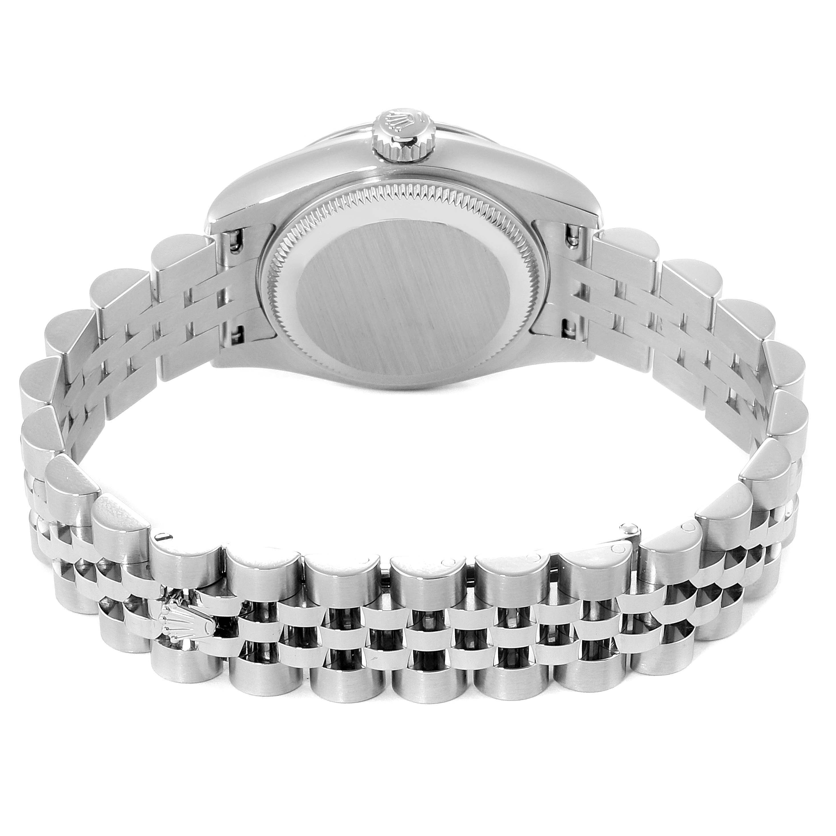 The image shows the back view of a Rolex Datejust 179174 Women's Stainless Steel Silver Dial 179174 Women's Stainless Steel Silver Dial watch including its case and bracelet.