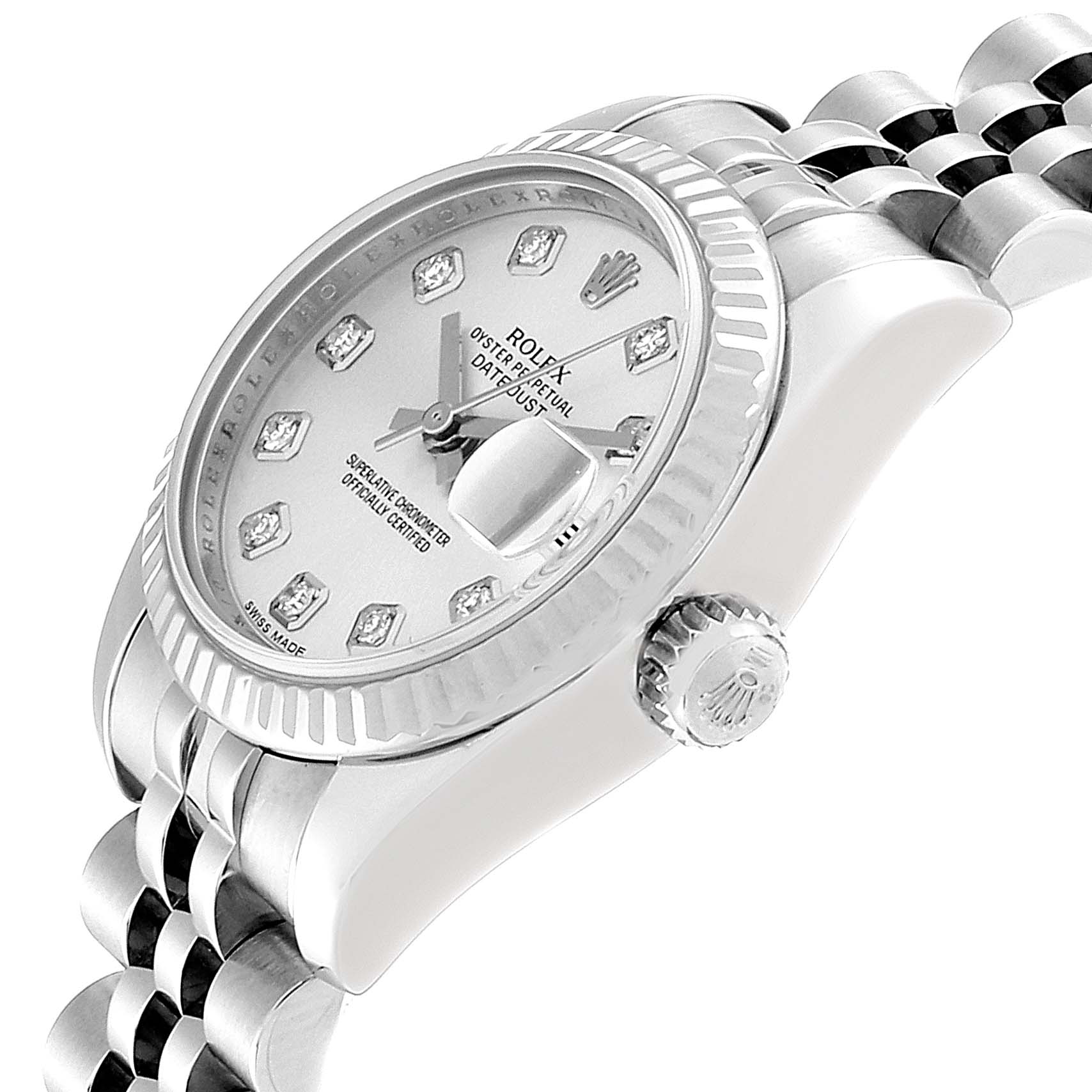 The Rolex Datejust 179174 Women's Stainless Steel Silver Dial 179174 Women's Stainless Steel Silver Dial watch is shown at a slight angle, highlighting the dial, crown, bracelet, and part of the bezel.