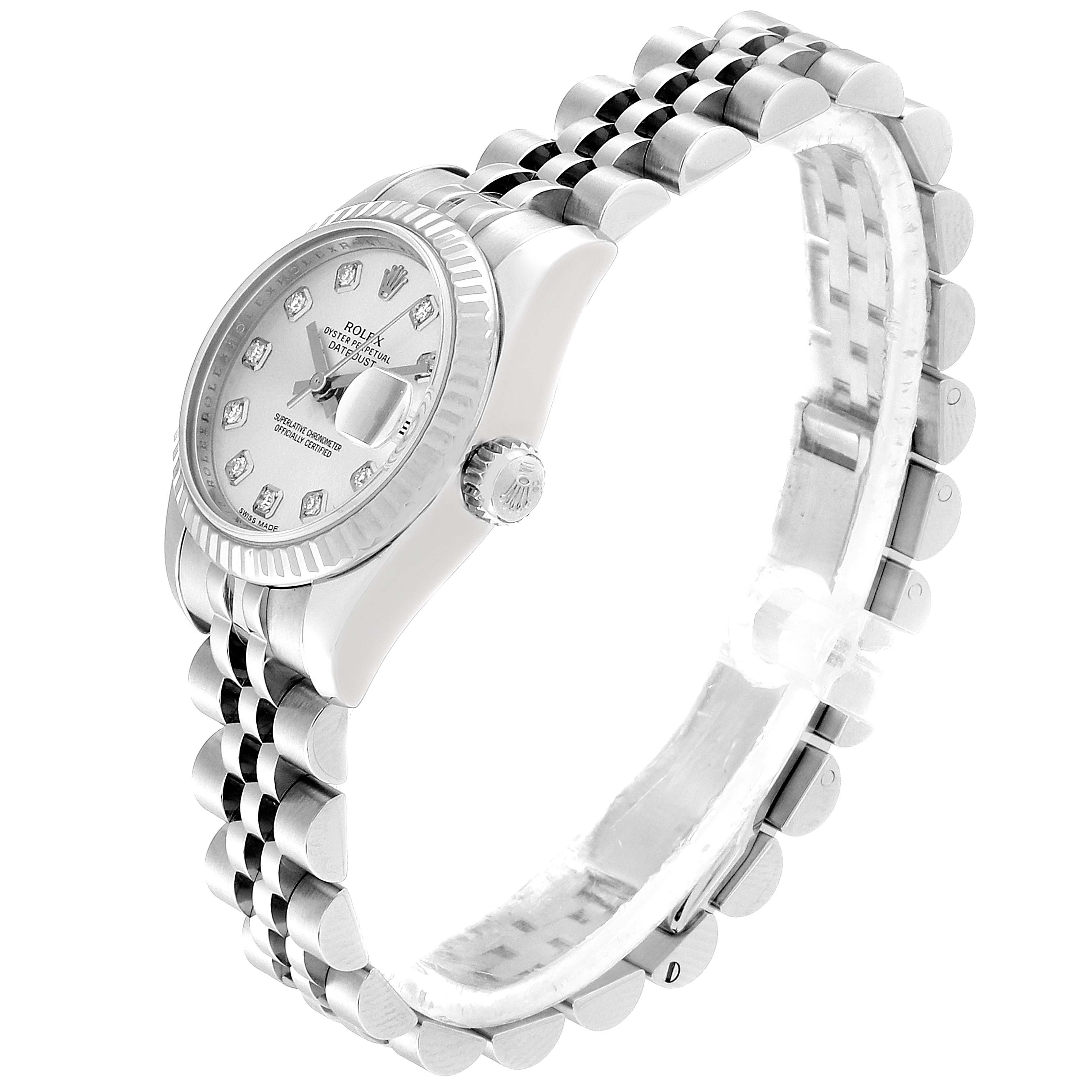 The image shows a Rolex Datejust 179174 Women's Stainless Steel Silver Dial 179174 Women's Stainless Steel Silver Dial watch at a 3/4 angle view, highlighting its face, crown, and bracelet.