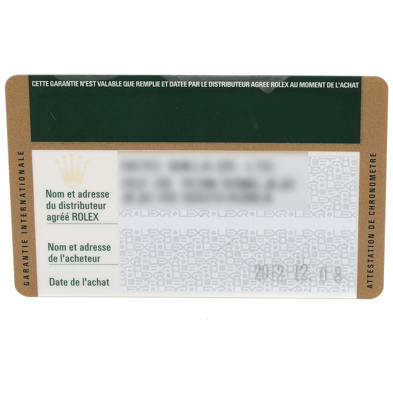 This image shows a warranty card for a Rolex Datejust 179174 Women's Stainless Steel Silver Dial 179174 Women's Stainless Steel Silver Dial watch with blurred personal information areas.