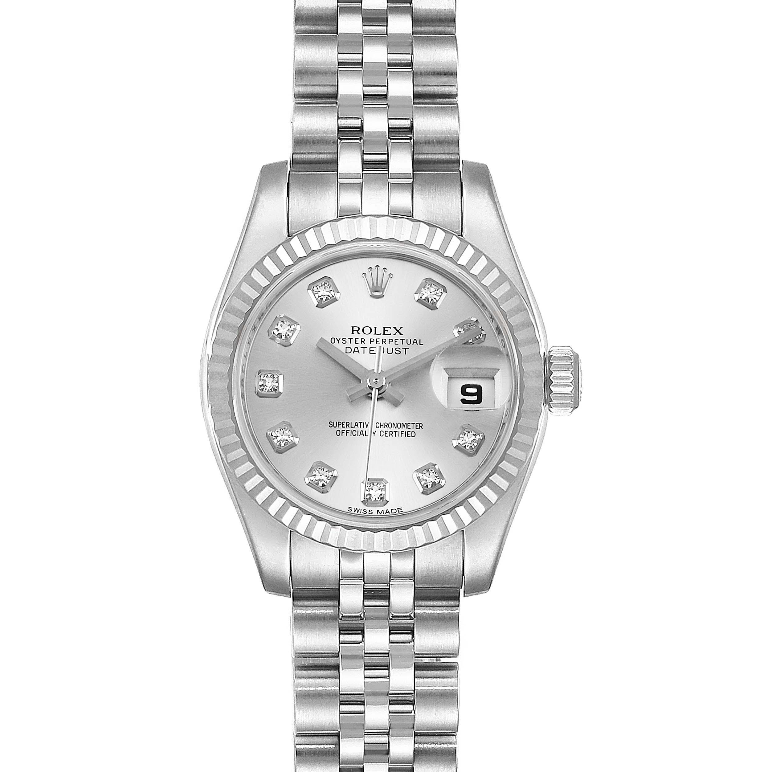 This image shows a frontal view of a Rolex Datejust 179174 Women's Stainless Steel Silver Dial 179174 Women's Stainless Steel Silver Dial watch, highlighting the dial, bezel, and bracelet.