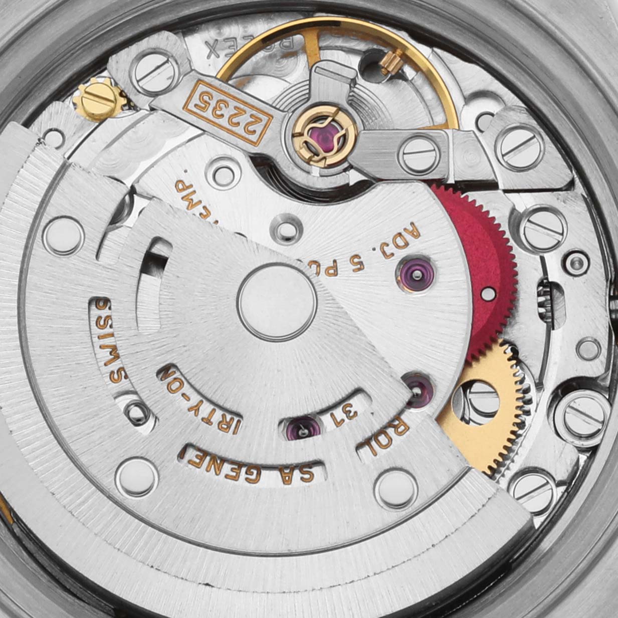 This image shows a close-up of the movement and internal mechanisms of a Rolex Datejust 79174 Women
s Stainless Steel Mother of Pearl Dial 79174 Women
s Stainless Steel Mother of Pearl Dial watch.