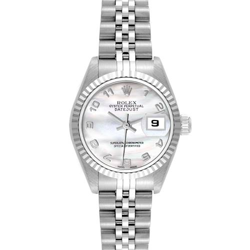 This is a frontal view of a Rolex Datejust watch showing the face, bracelet, crown, and date window.