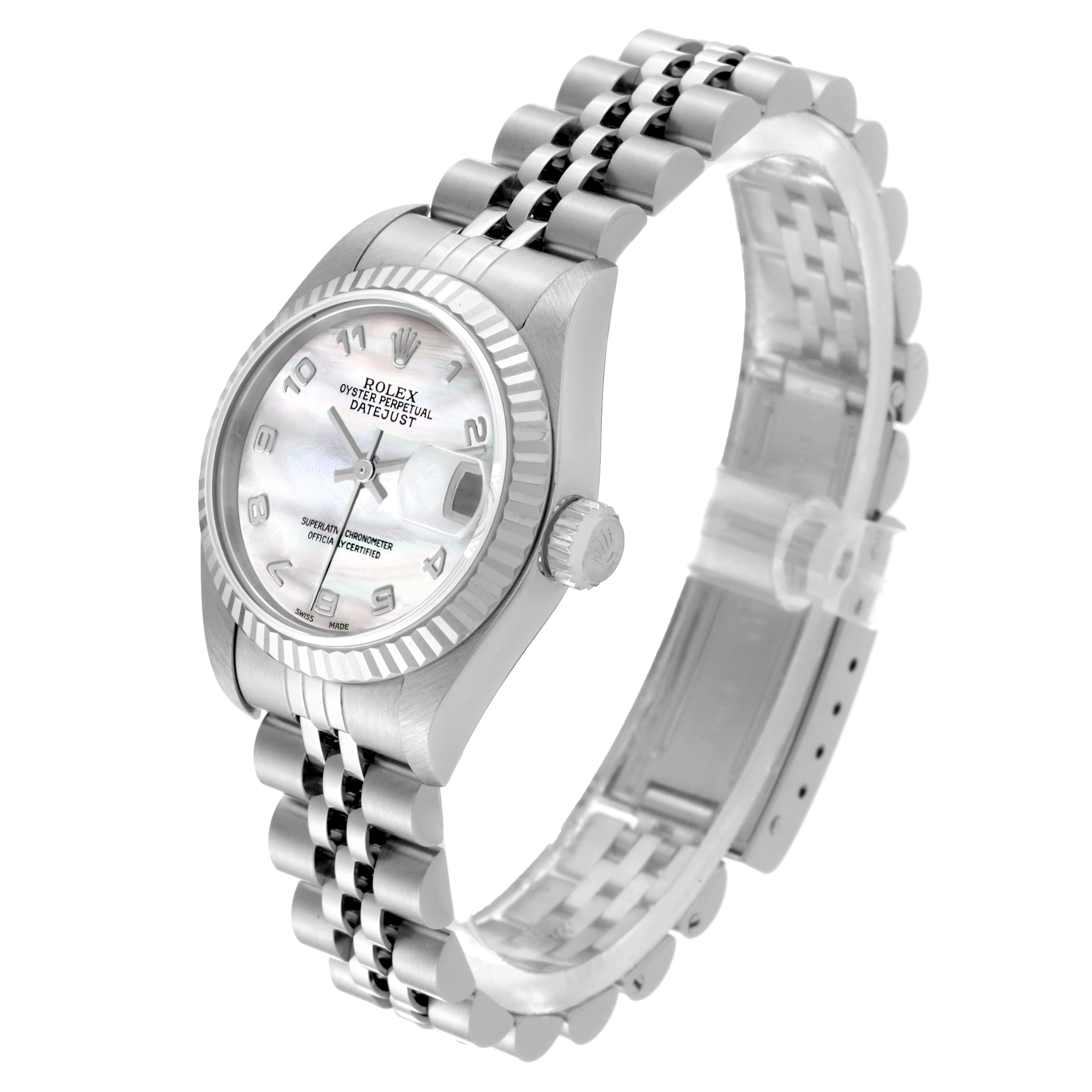 The image shows a Rolex Datejust 79174 Women
s Stainless Steel Mother of Pearl Dial 79174 Women
s Stainless Steel Mother of Pearl Dial watch at a side angle, revealing the face, strap, and crown.