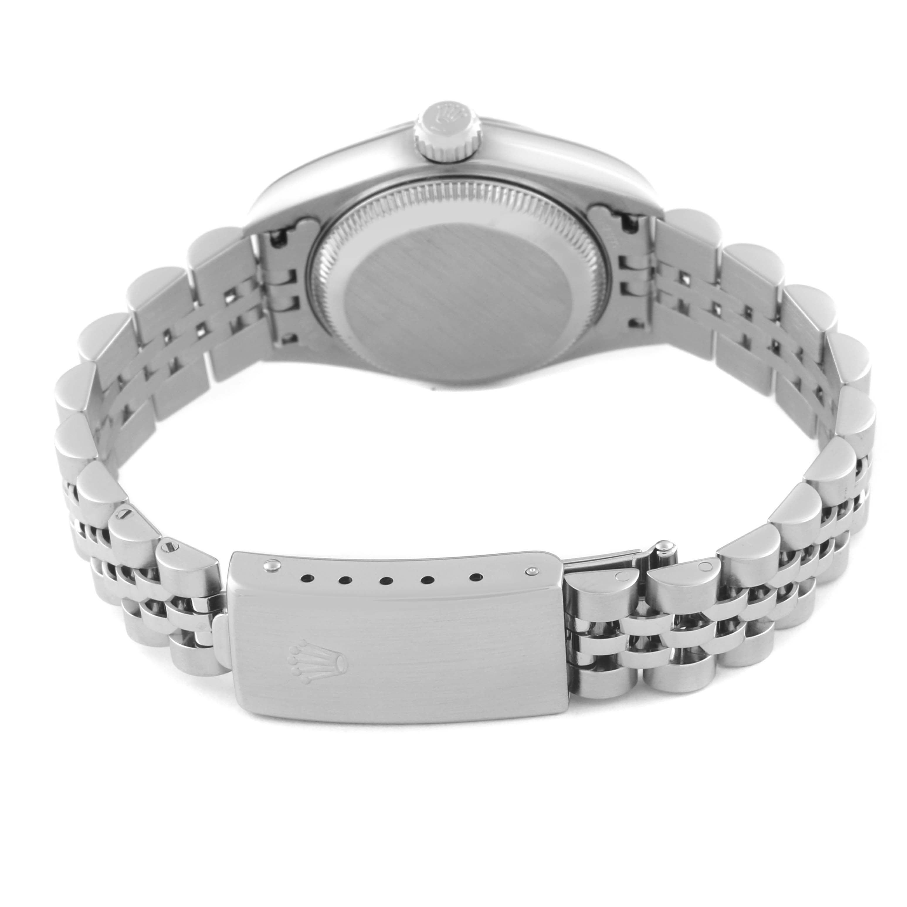 This image shows the back of the Rolex Datejust 79174 Women
s Stainless Steel Mother of Pearl Dial 79174 Women
s Stainless Steel Mother of Pearl Dial with a focus on its clasp and bracelet.