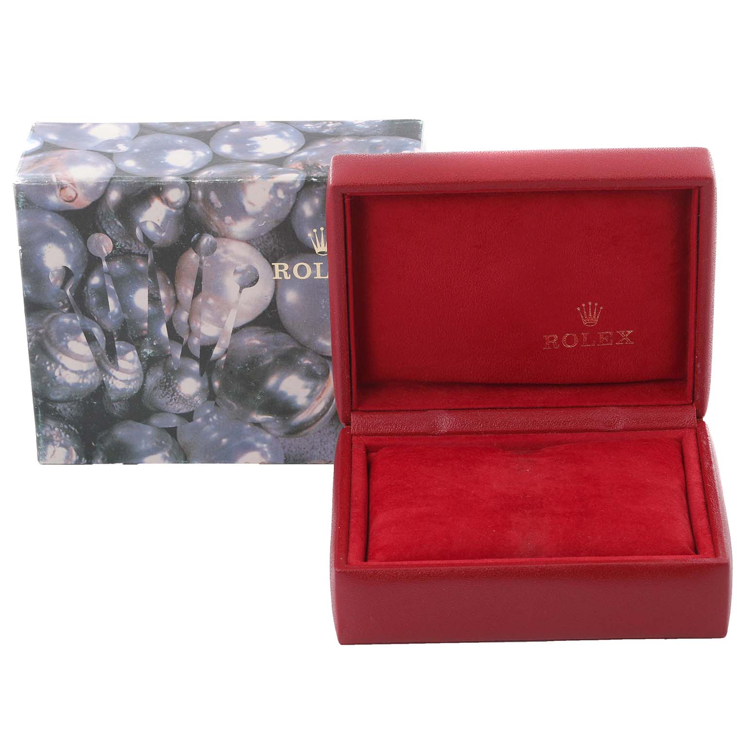 The image shows an open Rolex Datejust 79174 Women
s Stainless Steel Mother of Pearl Dial 79174 Women
s Stainless Steel Mother of Pearl Dial watch box with a red interior and a textured outer box.