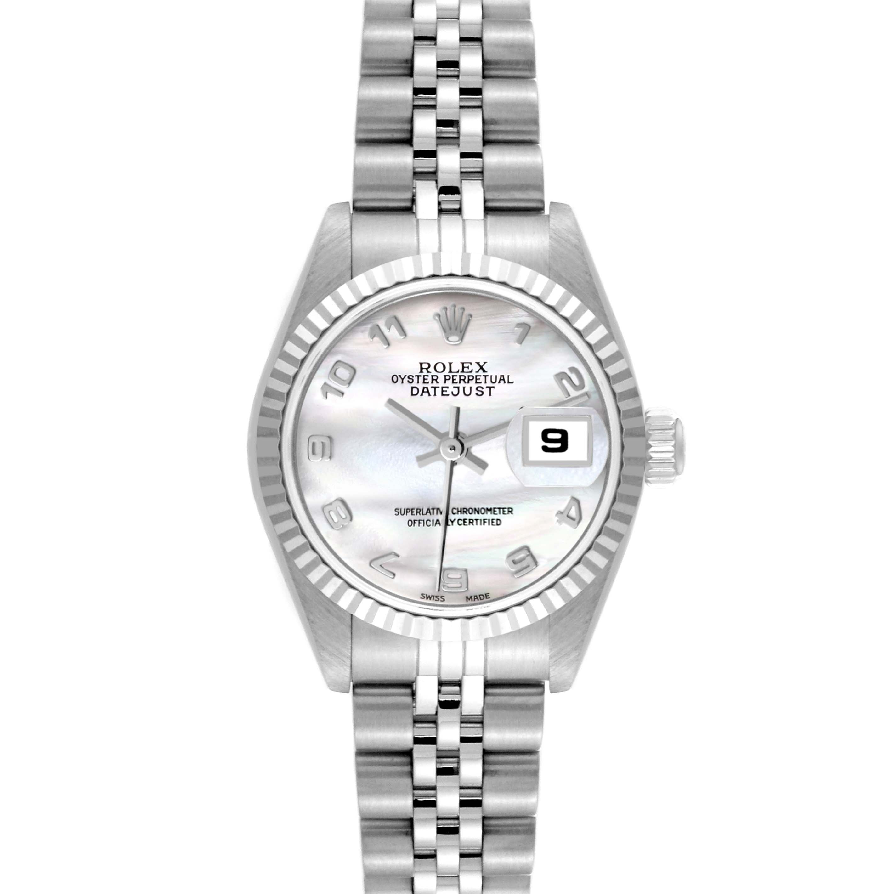 The image shows a full front view of a Rolex Datejust 79174 Women
s Stainless Steel Mother of Pearl Dial 79174 Women
s Stainless Steel Mother of Pearl Dial watch, displaying the face, bezel, and part of the bracelet.