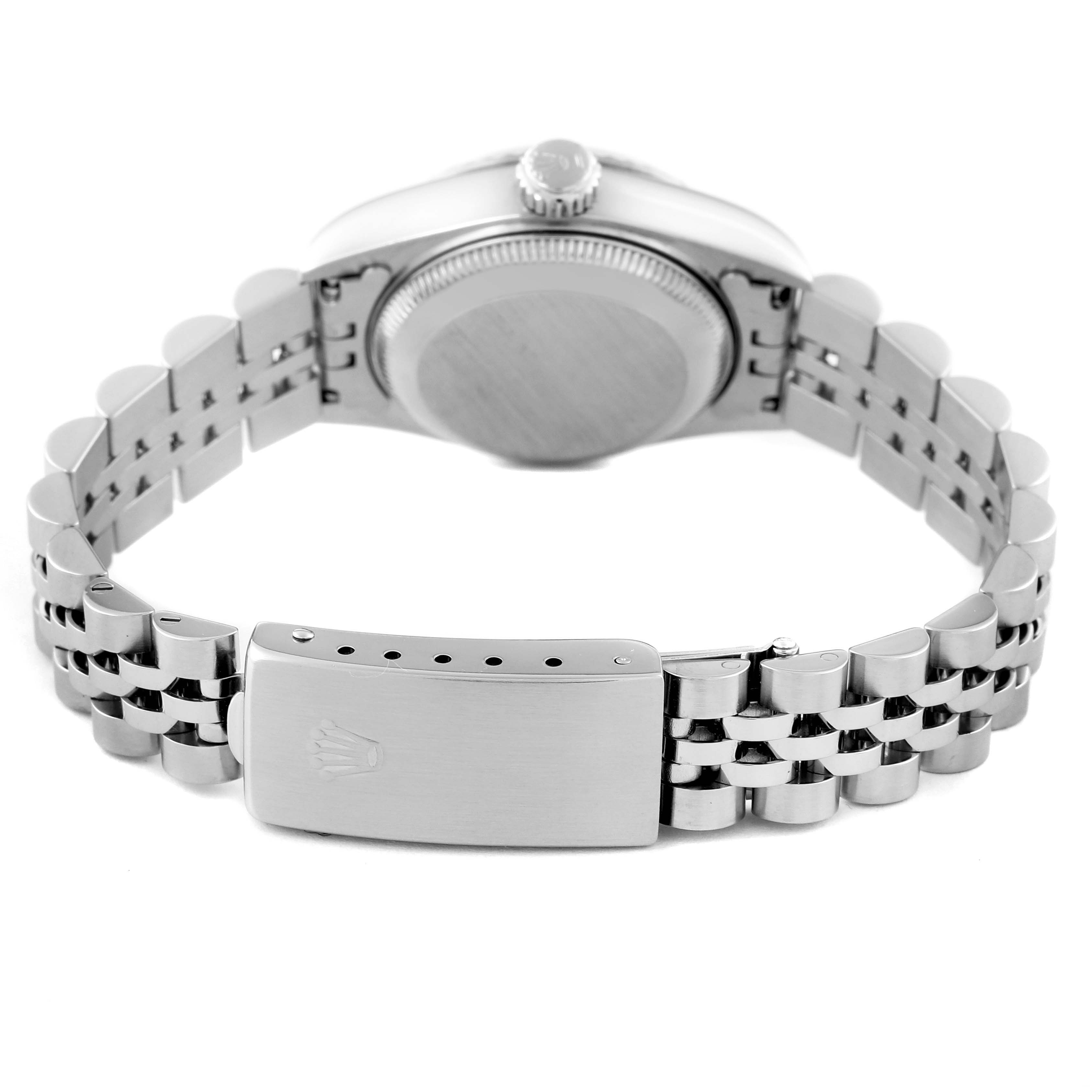 The image shows the back view of the Rolex Datejust 69174 Women's Stainless Steel Pink Dial 69174 Women's Stainless Steel Pink Dial watch, focusing on the case back and clasp of the metal bracelet.