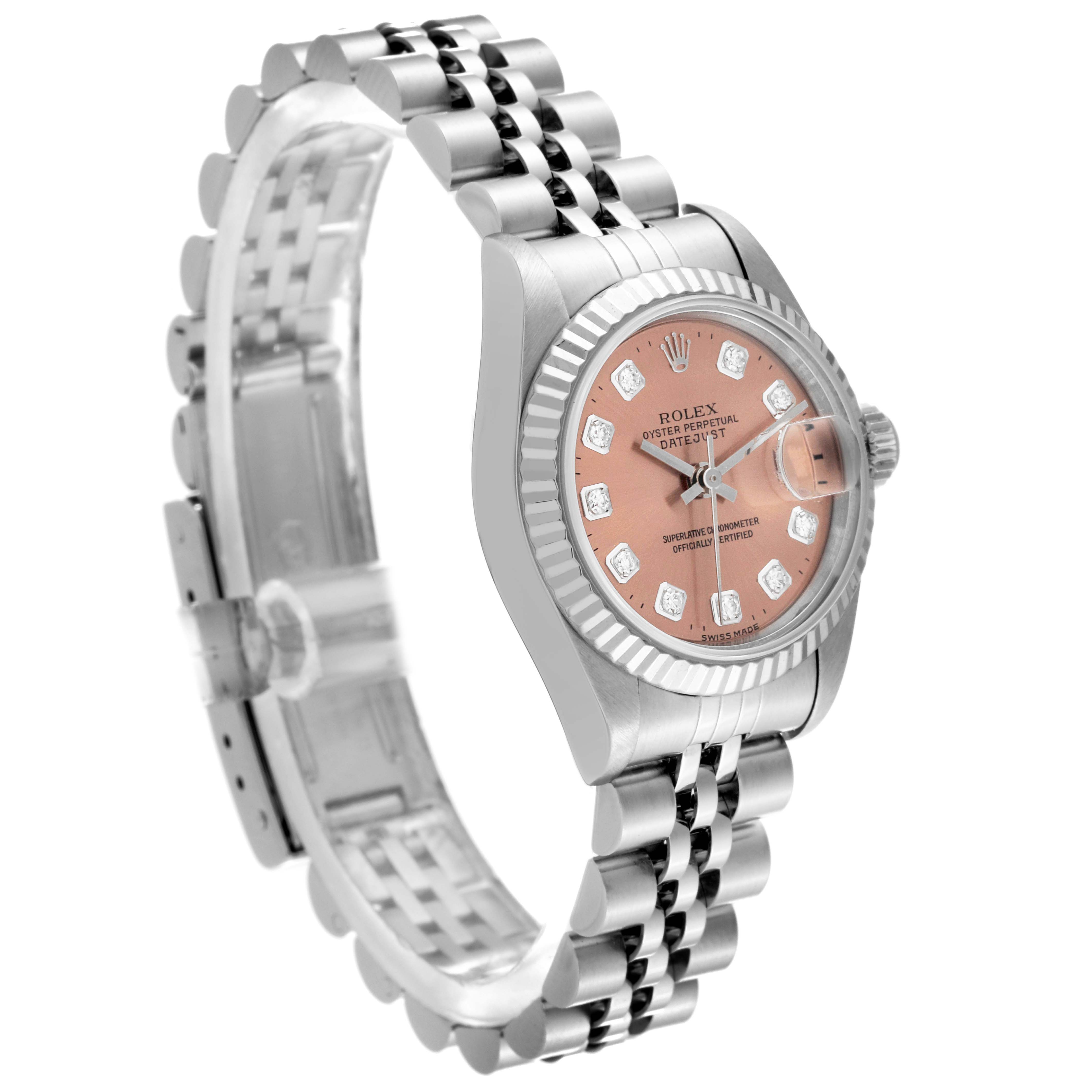 This image shows a Rolex Datejust 69174 Women's Stainless Steel Pink Dial 69174 Women's Stainless Steel Pink Dial watch angled to display the face, side profile, and bracelet.