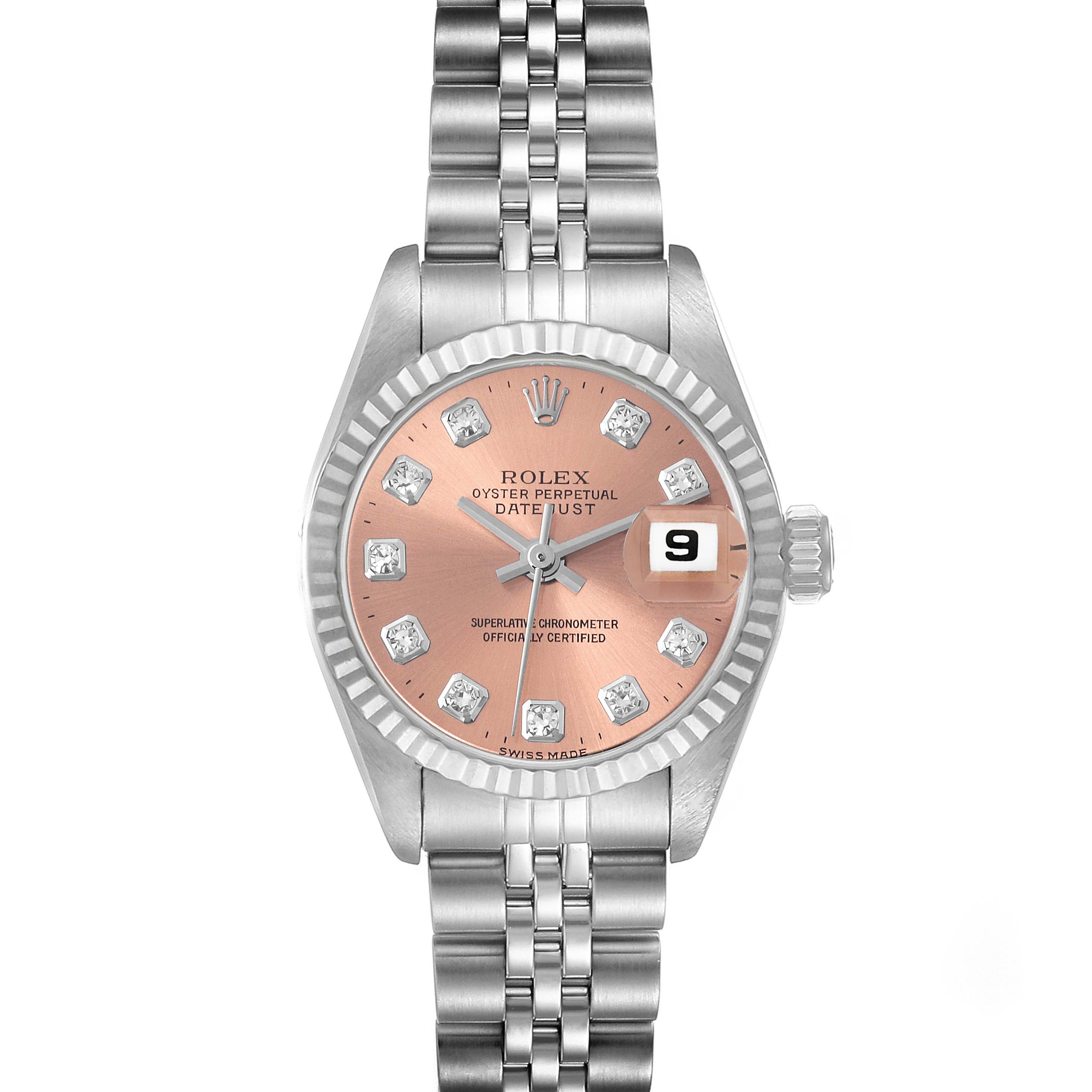 The image shows a frontal view of the Rolex Datejust 69174 Women's Stainless Steel Pink Dial 69174 Women's Stainless Steel Pink Dial watch, highlighting its dial, bezel, bracelet, and crown.