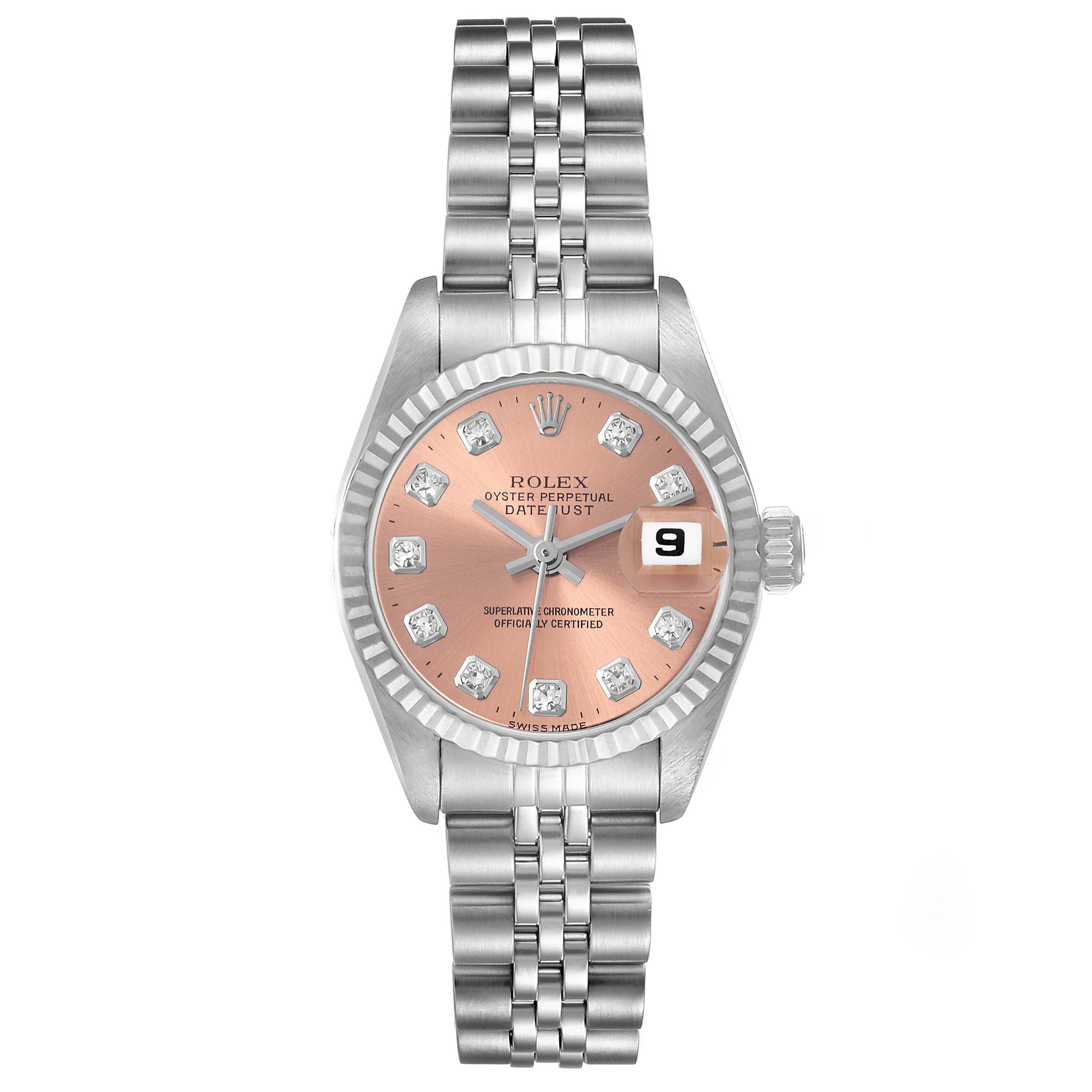 This Rolex Datejust 69174 Women's Stainless Steel Pink Dial 69174 Women's Stainless Steel Pink Dial watch is shown from the front, displaying the dial, bezel, crown, and bracelet.