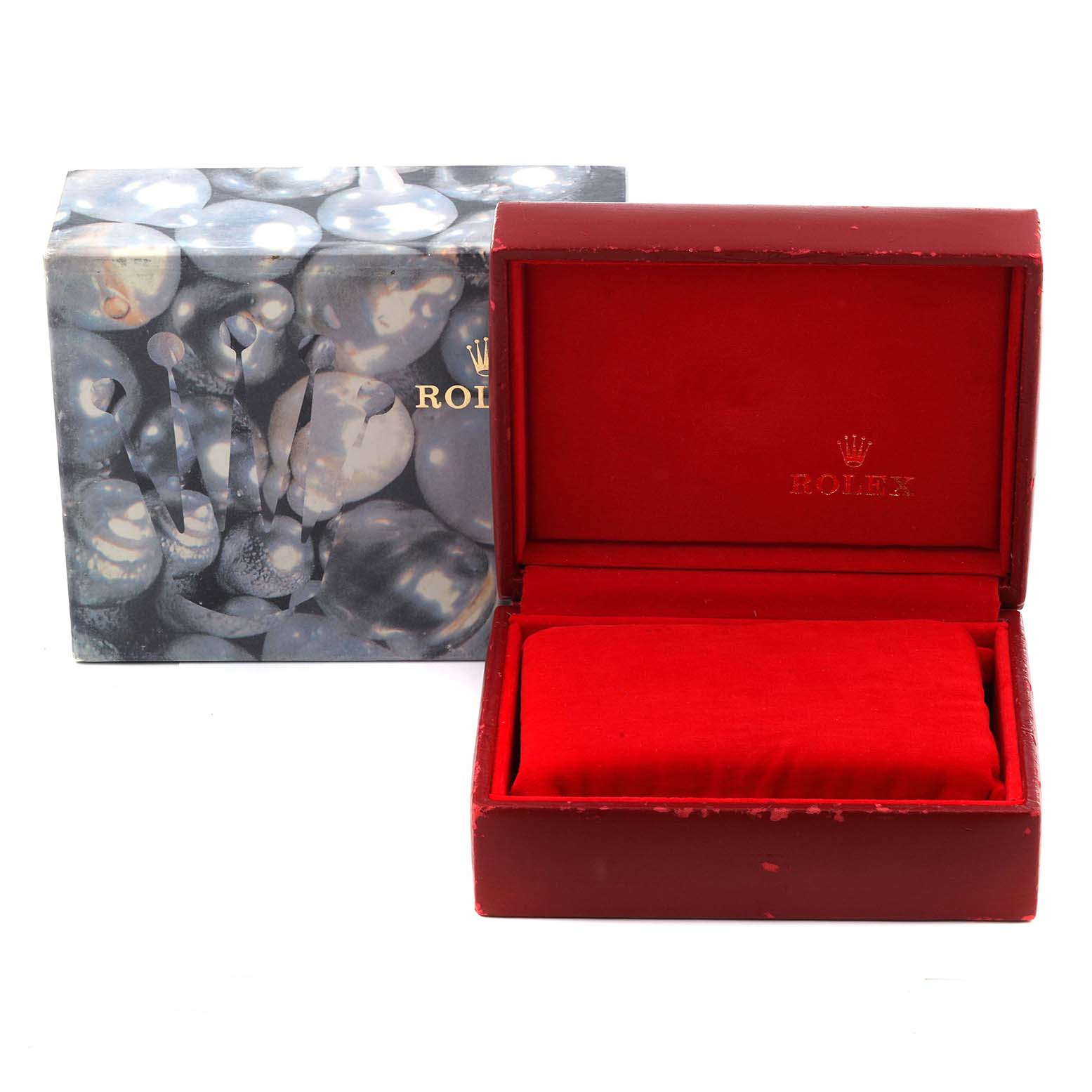 The image shows a Rolex Datejust 69174 Women's Stainless Steel Pink Dial 69174 Women's Stainless Steel Pink Dial watch box with an open red velvet interior and the outer packaging.