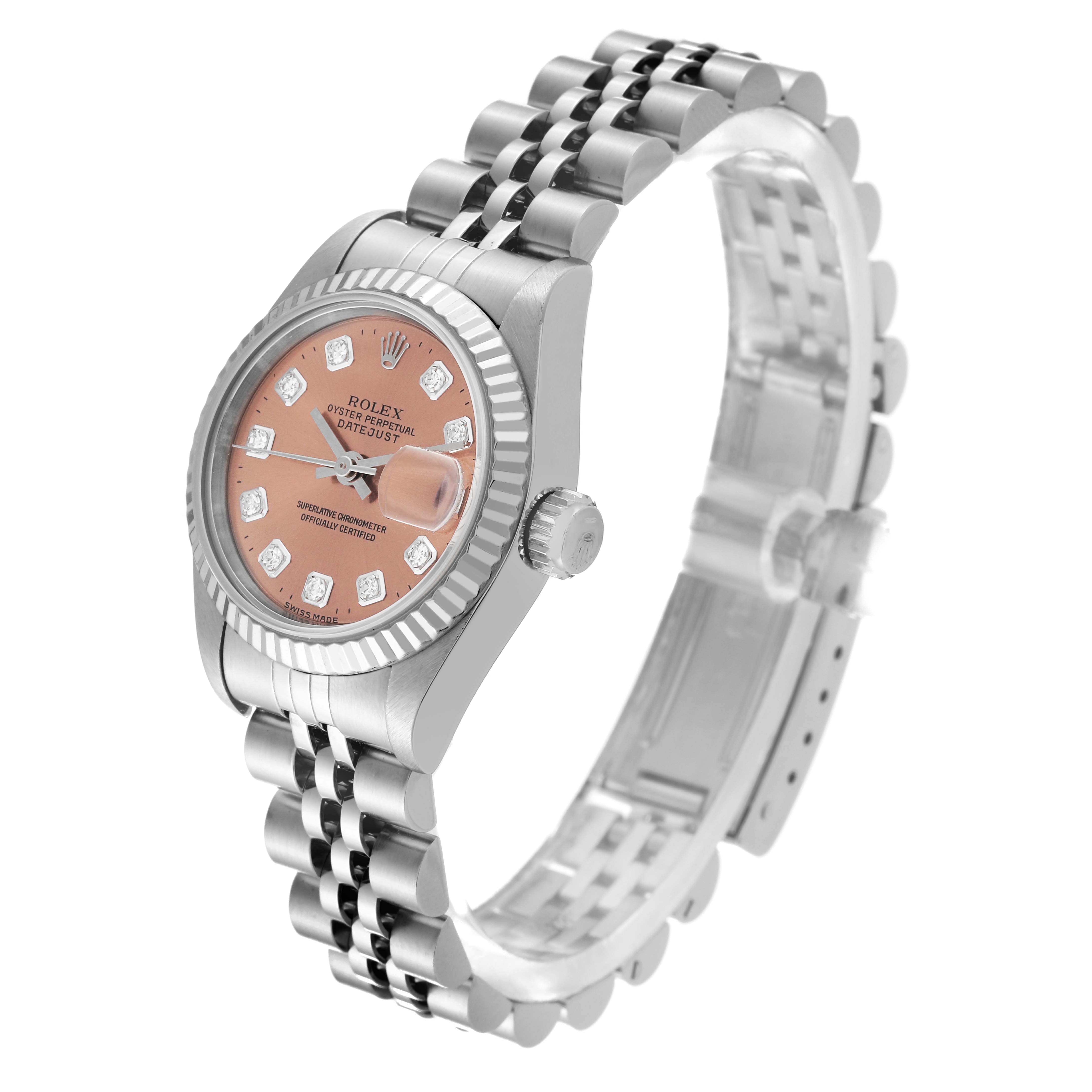 The image displays a side angle of a Rolex Datejust 69174 Women's Stainless Steel Pink Dial 69174 Women's Stainless Steel Pink Dial watch, highlighting its dial, bezel, crown, and jubilee bracelet.