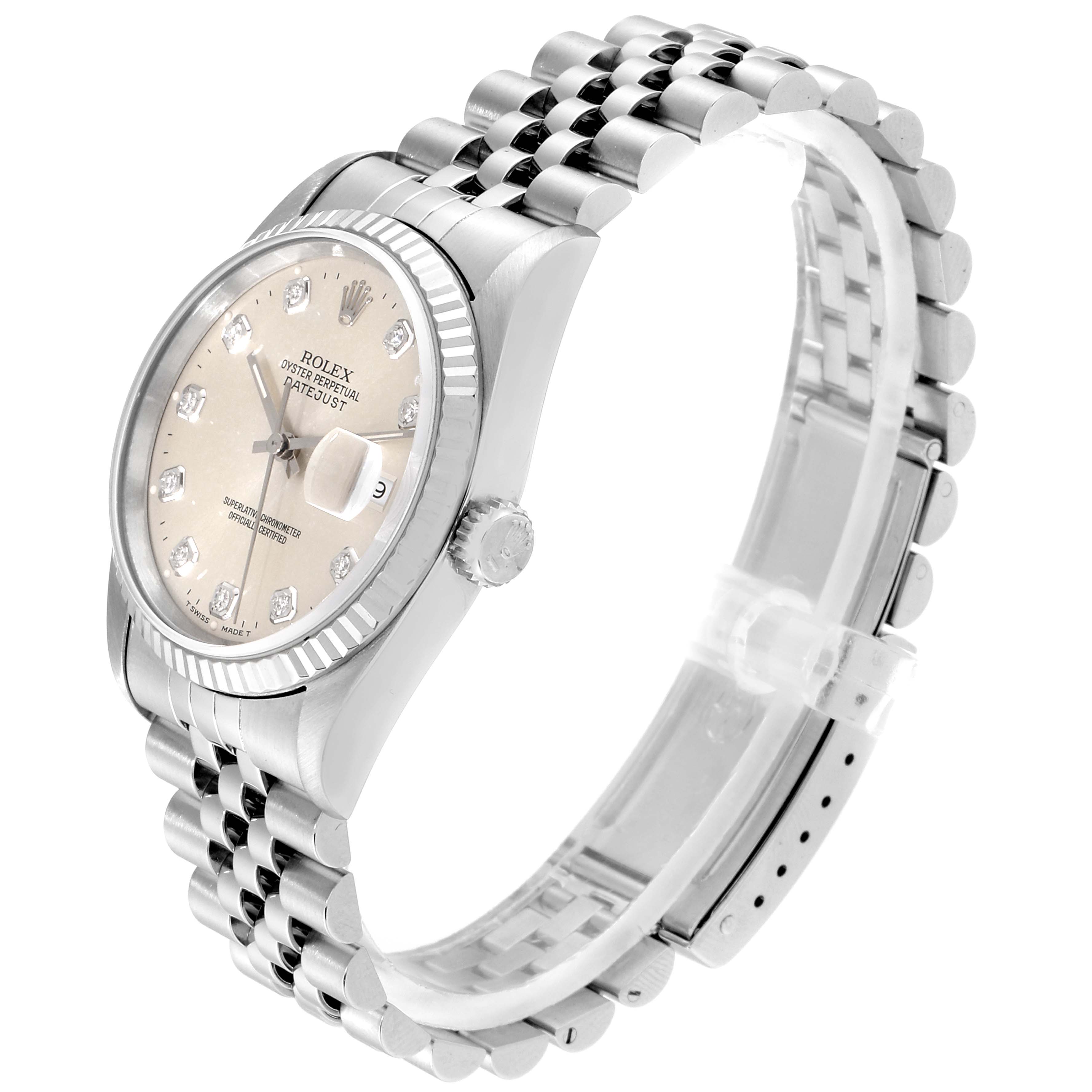 The image shows a side angle of a Rolex Datejust 16234 Men's Stainless Steel Silver Dial 16234 Men's Stainless Steel Silver Dial watch, displaying the face, case, crown, and bracelet.