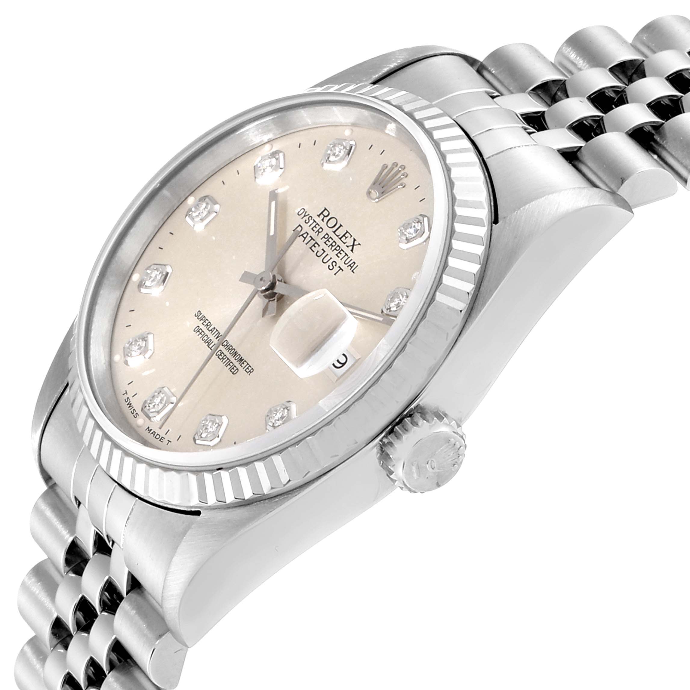 The image shows a Rolex Datejust 16234 Men's Stainless Steel Silver Dial 16234 Men's Stainless Steel Silver Dial watch from a slight side angle, highlighting the dial, crown, and Jubilee bracelet.
