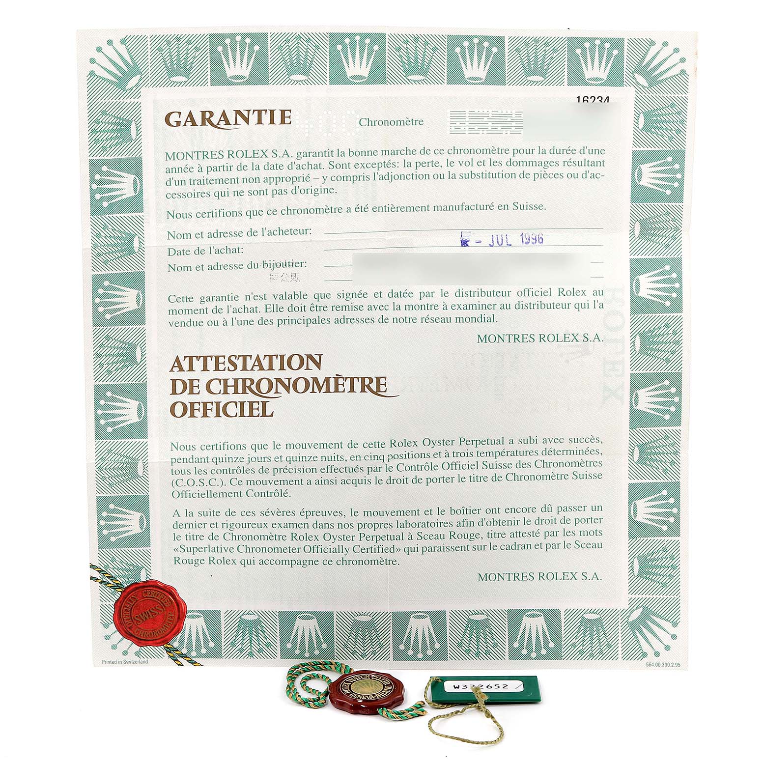 The image shows a warranty certificate and a chronometer certificate for the Rolex Datejust 16234 Men's Stainless Steel Silver Dial 16234 Men's Stainless Steel Silver Dial watch, along with a tag and a seal.