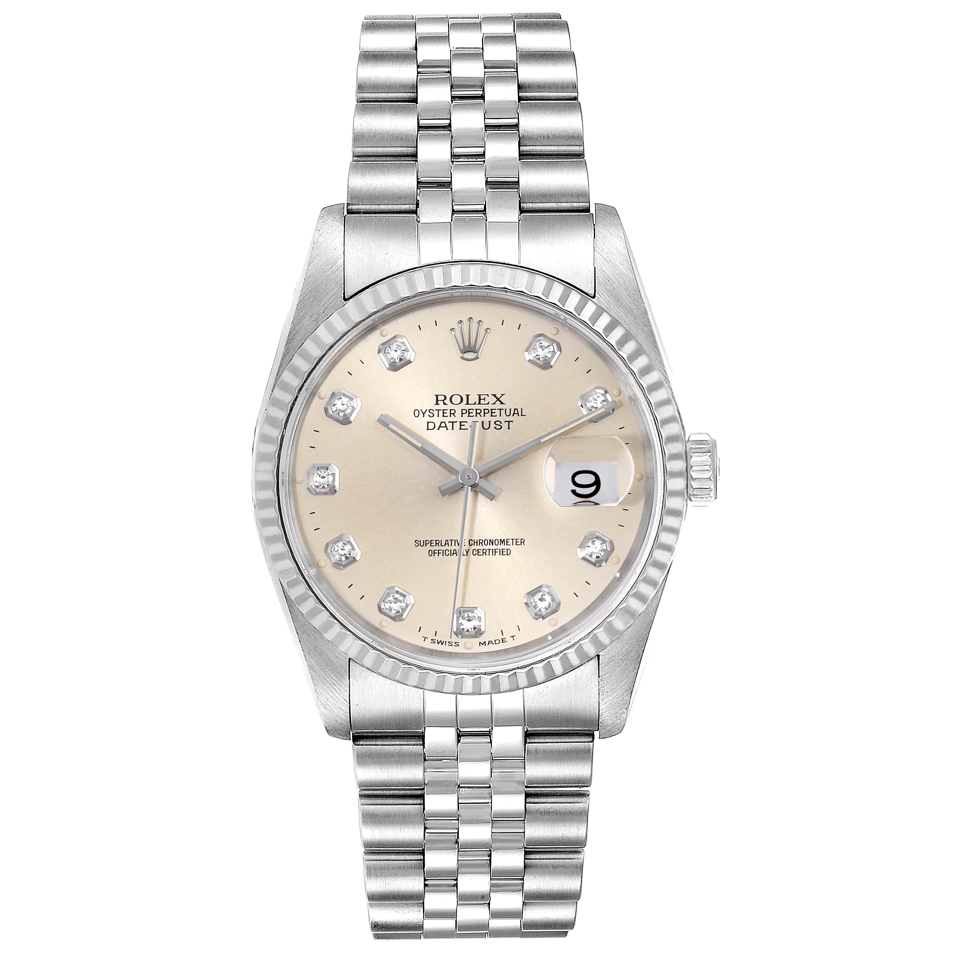 This Rolex Datejust 16234 Men's Stainless Steel Silver Dial 16234 Men's Stainless Steel Silver Dial model is shown from a front angle, highlighting the dial, bezel, and bracelet.