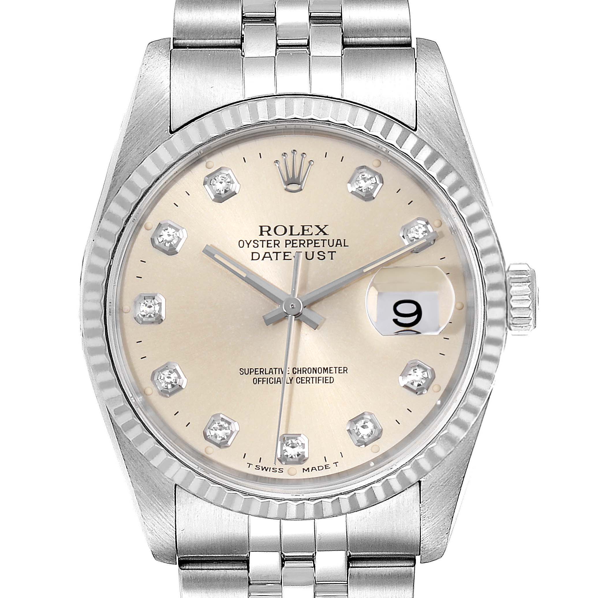 The image shows a Rolex Datejust 16234 Men's Stainless Steel Silver Dial 16234 Men's Stainless Steel Silver Dial watch from a front angle, highlighting the dial, bezel, bracelet, and date magnifier.