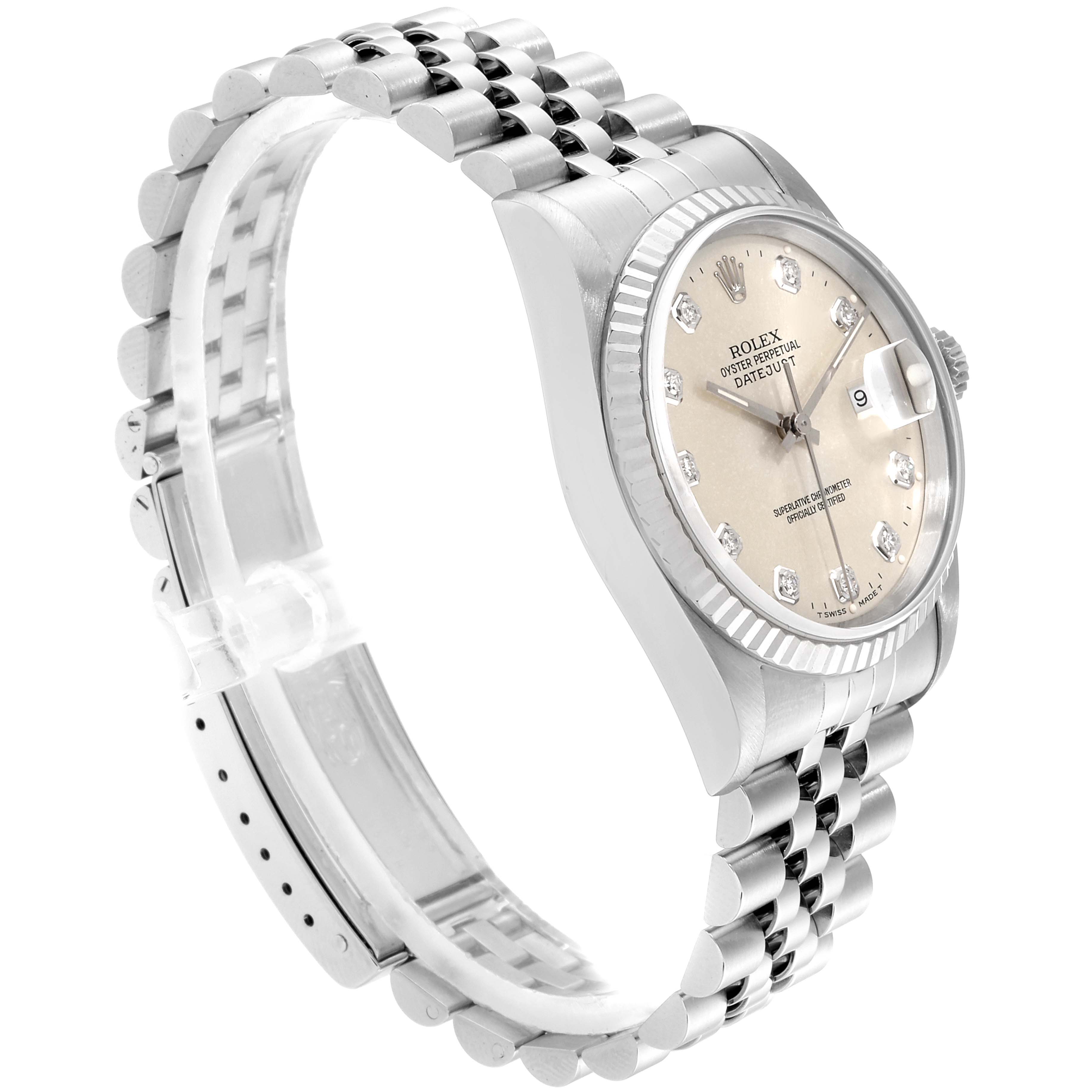 This image shows a side and partial front view of a Rolex Datejust 16234 Men's Stainless Steel Silver Dial 16234 Men's Stainless Steel Silver Dial watch, highlighting its bracelet, case, and dial.