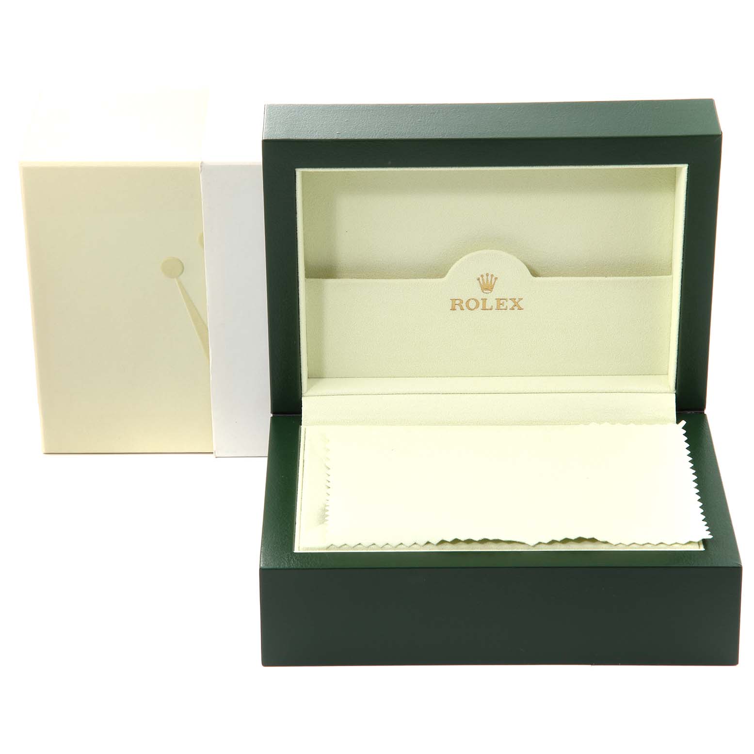 This image shows an open Rolex Datejust 116233 Men's Steel and Gold (two tone) Black Dial 116233 Men's Steel and Gold (two tone) Black Dial watch box from a front angle, featuring the logo and a cleaning cloth inside.