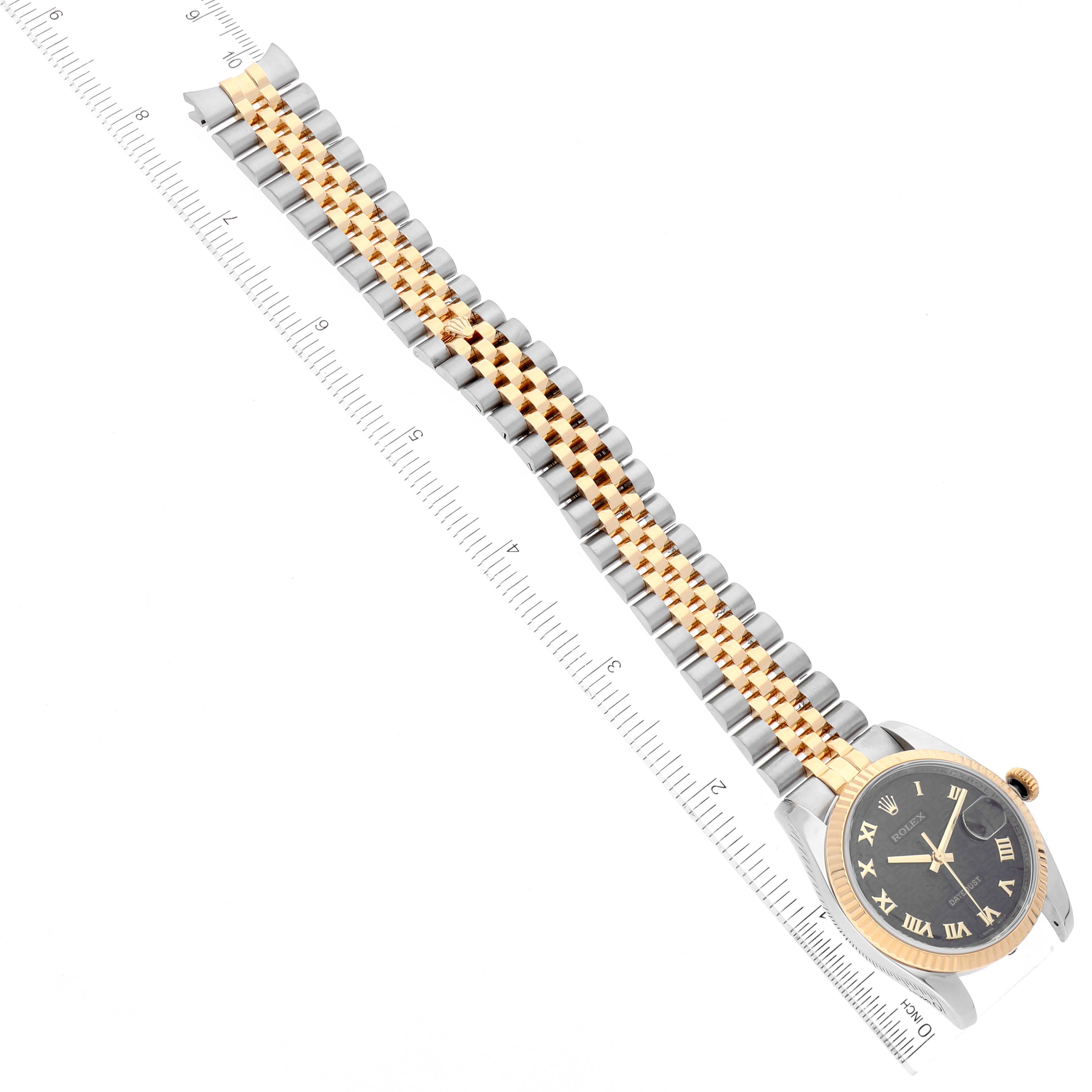 The Rolex Datejust 116233 Men's Steel and Gold (two tone) Black Dial 116233 Men's Steel and Gold (two tone) Black Dial watch is shown from a top-down angle, depicting the face, case, bezel, and bracelet.