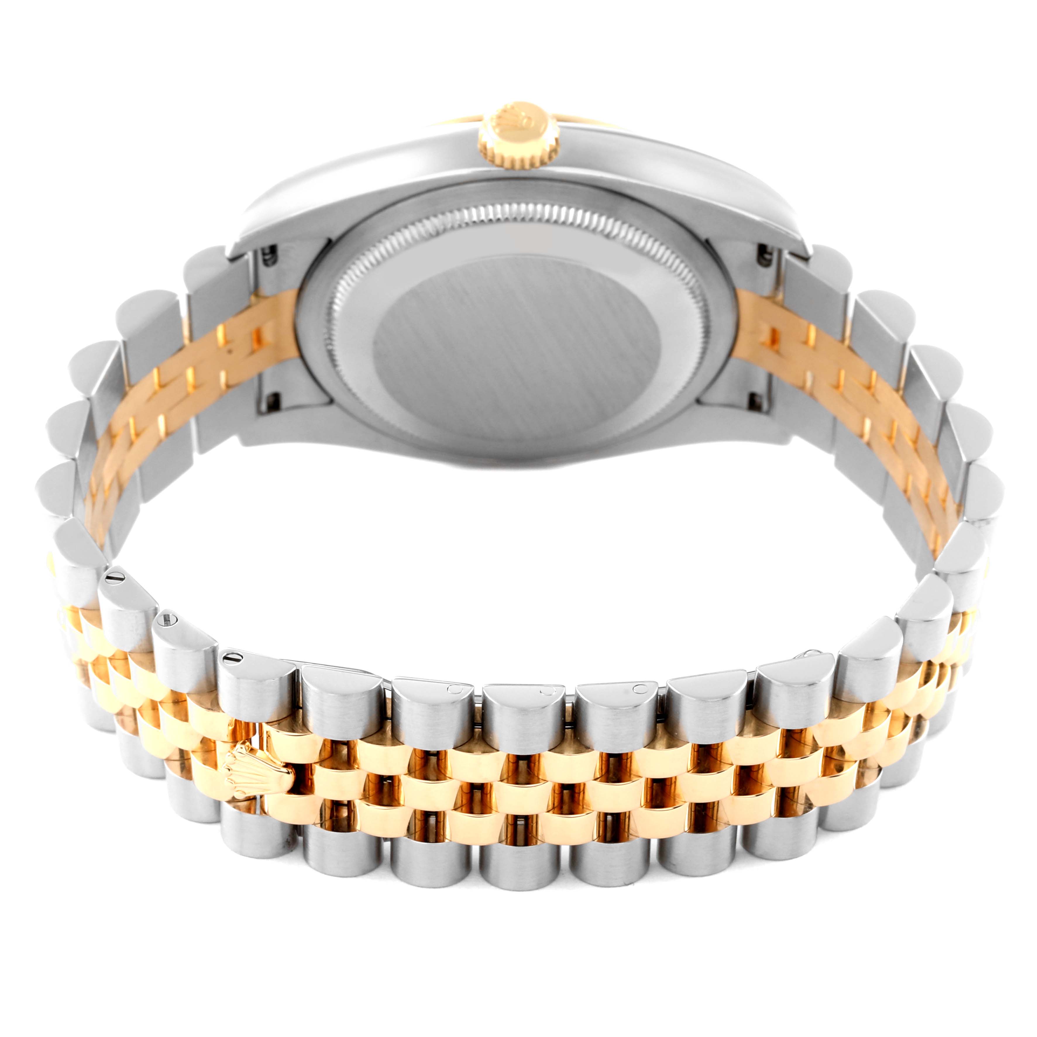 The image shows the back and side of the Rolex Datejust 116233 Men's Steel and Gold (two tone) Black Dial 116233 Men's Steel and Gold (two tone) Black Dial watch, highlighting its stainless steel and gold bracelet.