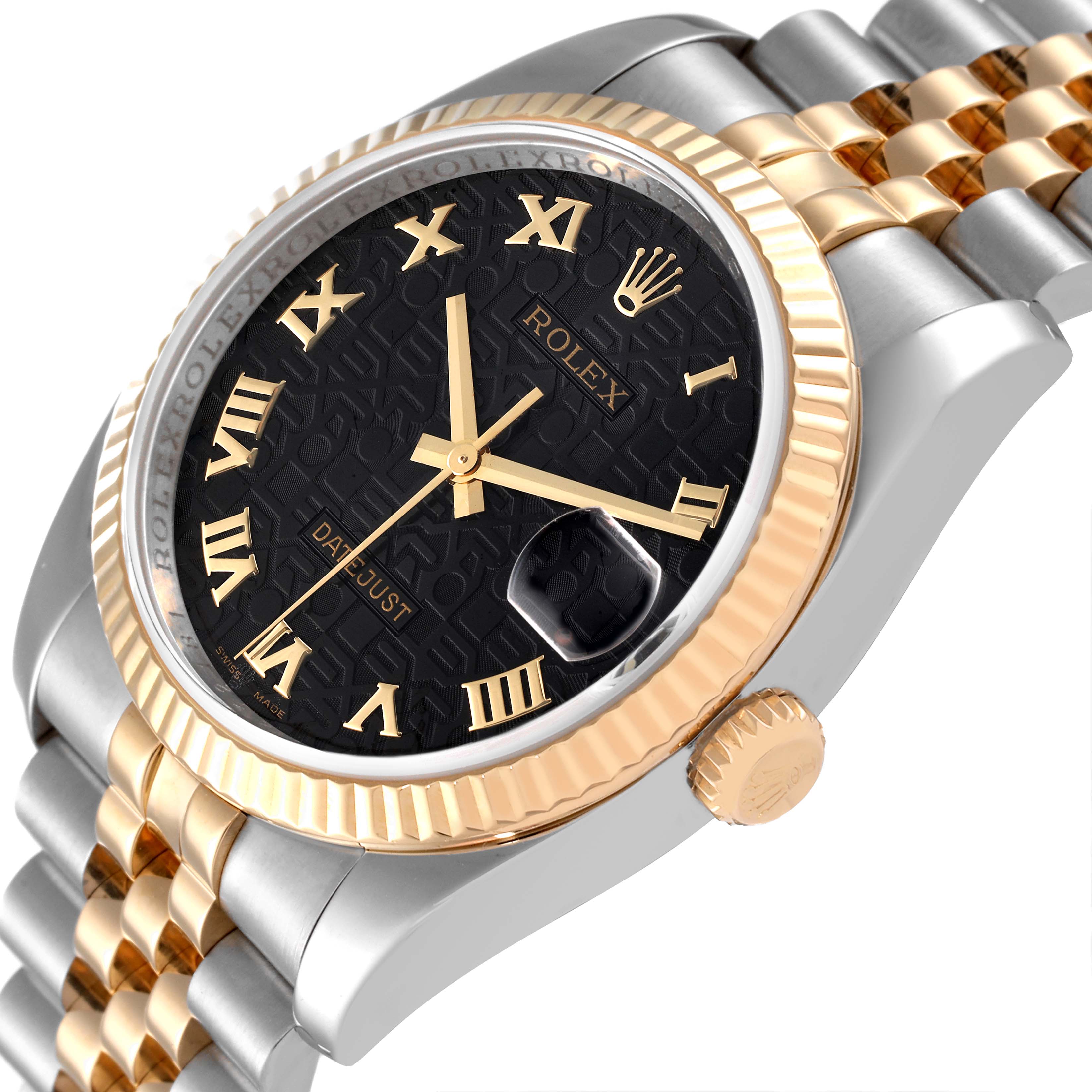The image shows a close-up side angle of a Rolex Datejust 116233 Men's Steel and Gold (two tone) Black Dial 116233 Men's Steel and Gold (two tone) Black Dial watch, highlighting the dial, bezel, crown, and part of the bracelet.