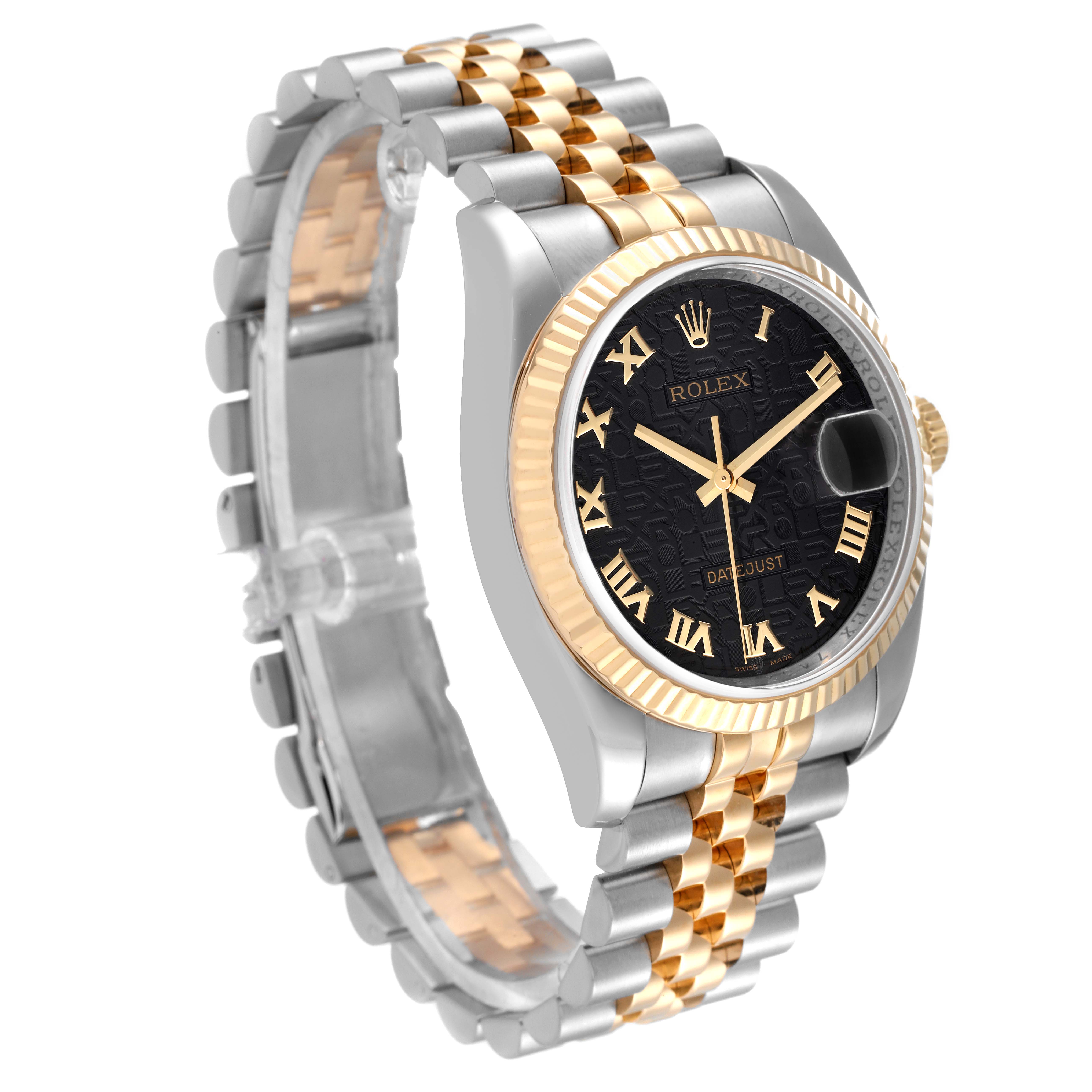The image shows a Rolex Datejust 116233 Men's Steel and Gold (two tone) Black Dial 116233 Men's Steel and Gold (two tone) Black Dial watch at an angled view, highlighting its face, bezel, and two-tone bracelet.