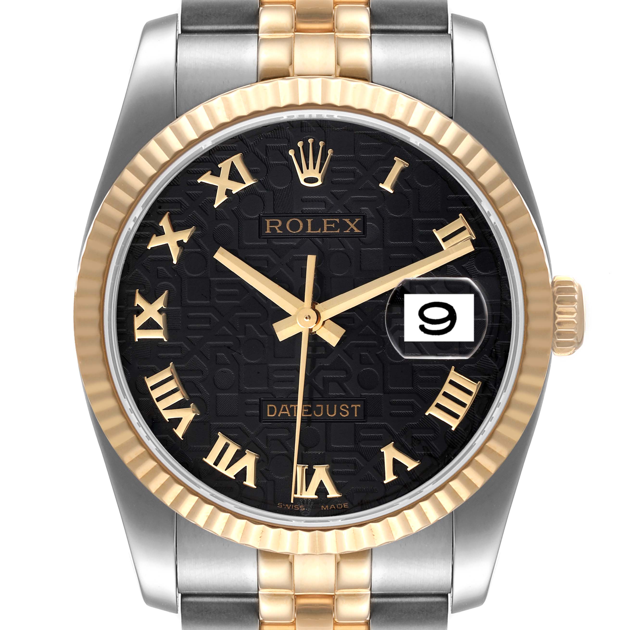 The image shows a front view of a Rolex Datejust 116233 Men's Steel and Gold (two tone) Black Dial 116233 Men's Steel and Gold (two tone) Black Dial watch, highlighting its black dial, gold Roman numerals, and two-tone bracelet.