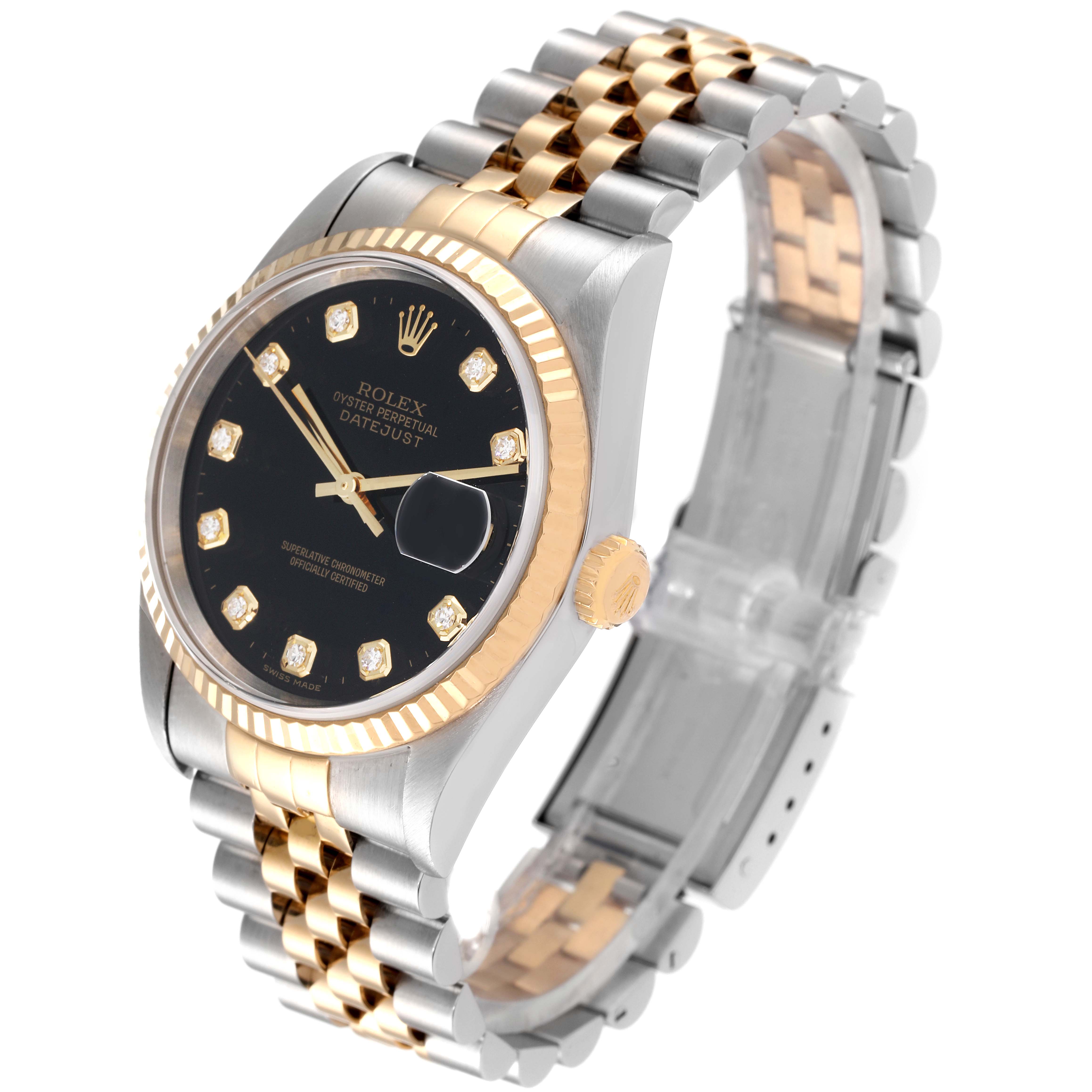 The Rolex Datejust 16233 Men's Steel and Gold (two tone) Black Dial 16233 Men's Steel and Gold (two tone) Black Dial watch is shown at an angle, displaying the face, bezel, crown, and two-tone bracelet.