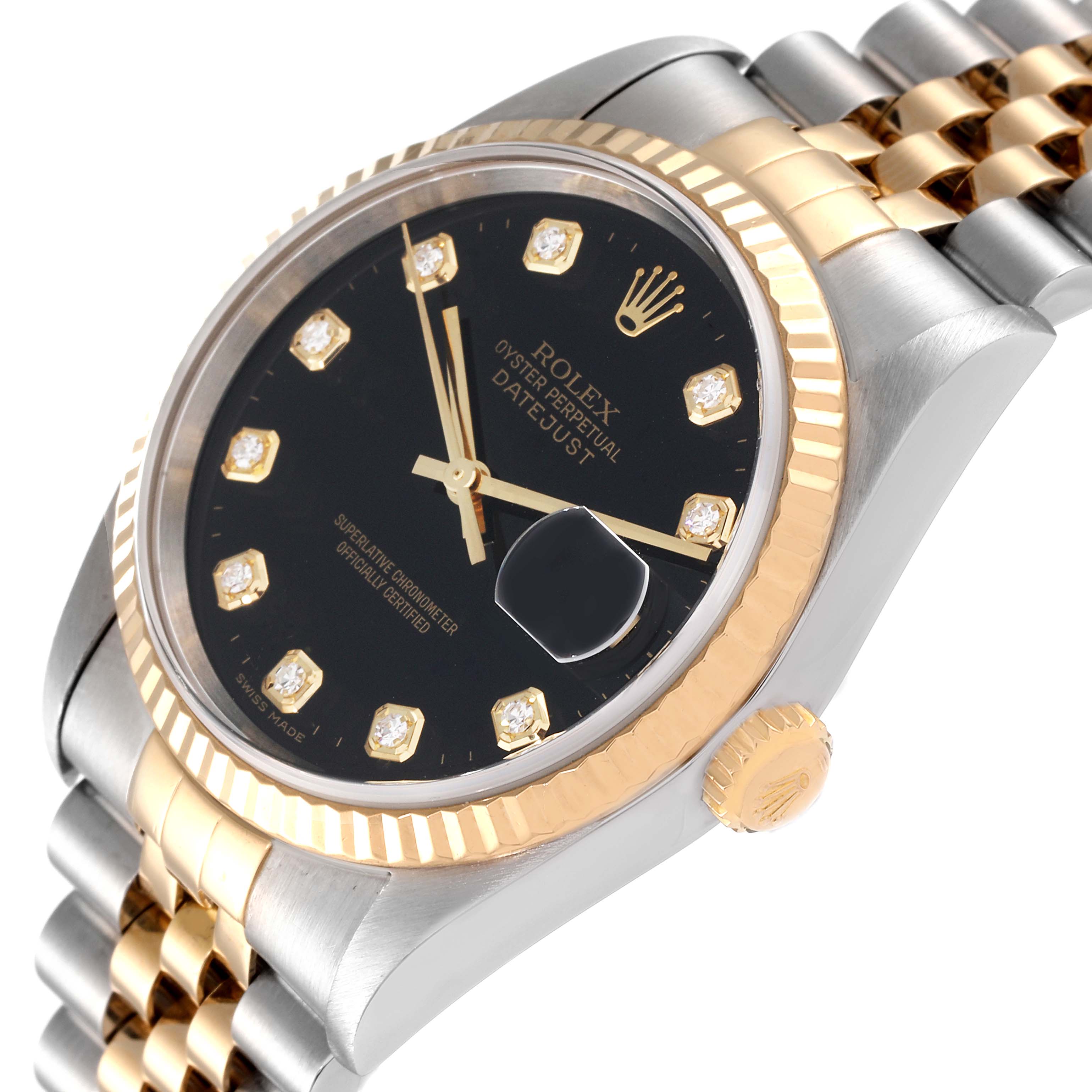 The image shows a close-up view of the Rolex Datejust 16233 Men's Steel and Gold (two tone) Black Dial 16233 Men's Steel and Gold (two tone) Black Dial watch, highlighting the dial, hands, bezel, and part of the bracelet.