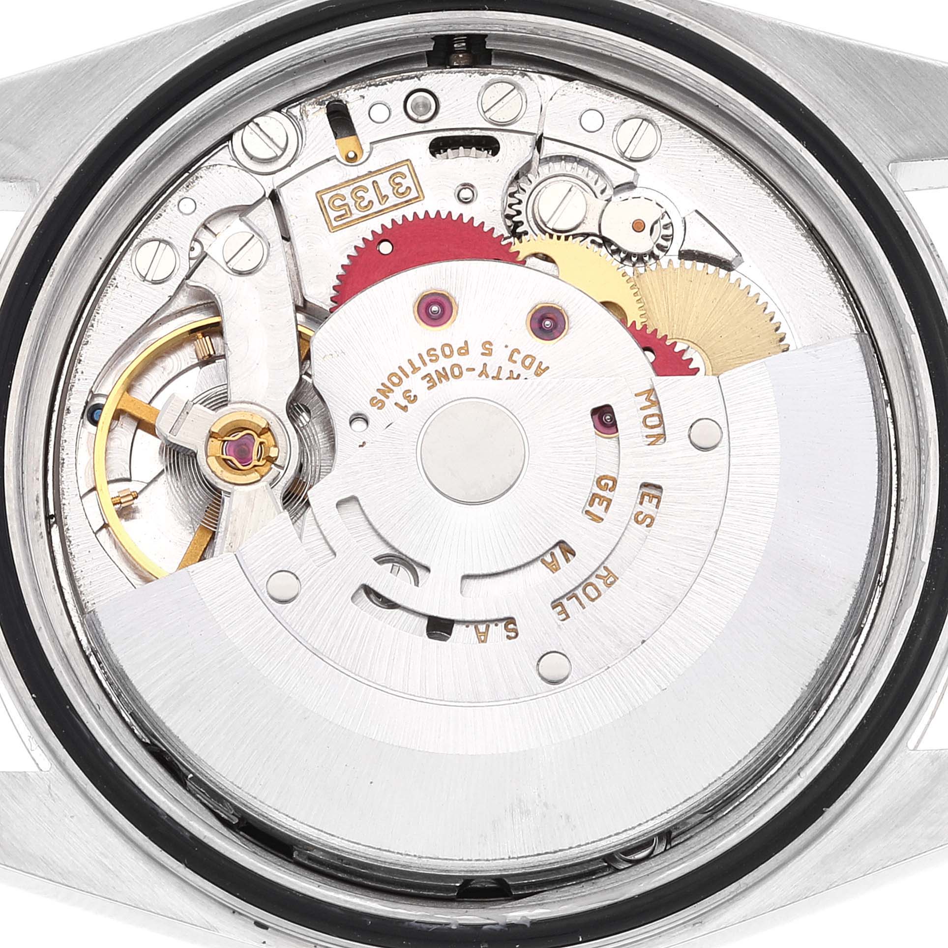 This image shows the internal mechanism of a Rolex Datejust 16233 Men's Steel and Gold (two tone) Black Dial 16233 Men's Steel and Gold (two tone) Black Dial watch, viewed from the back.
