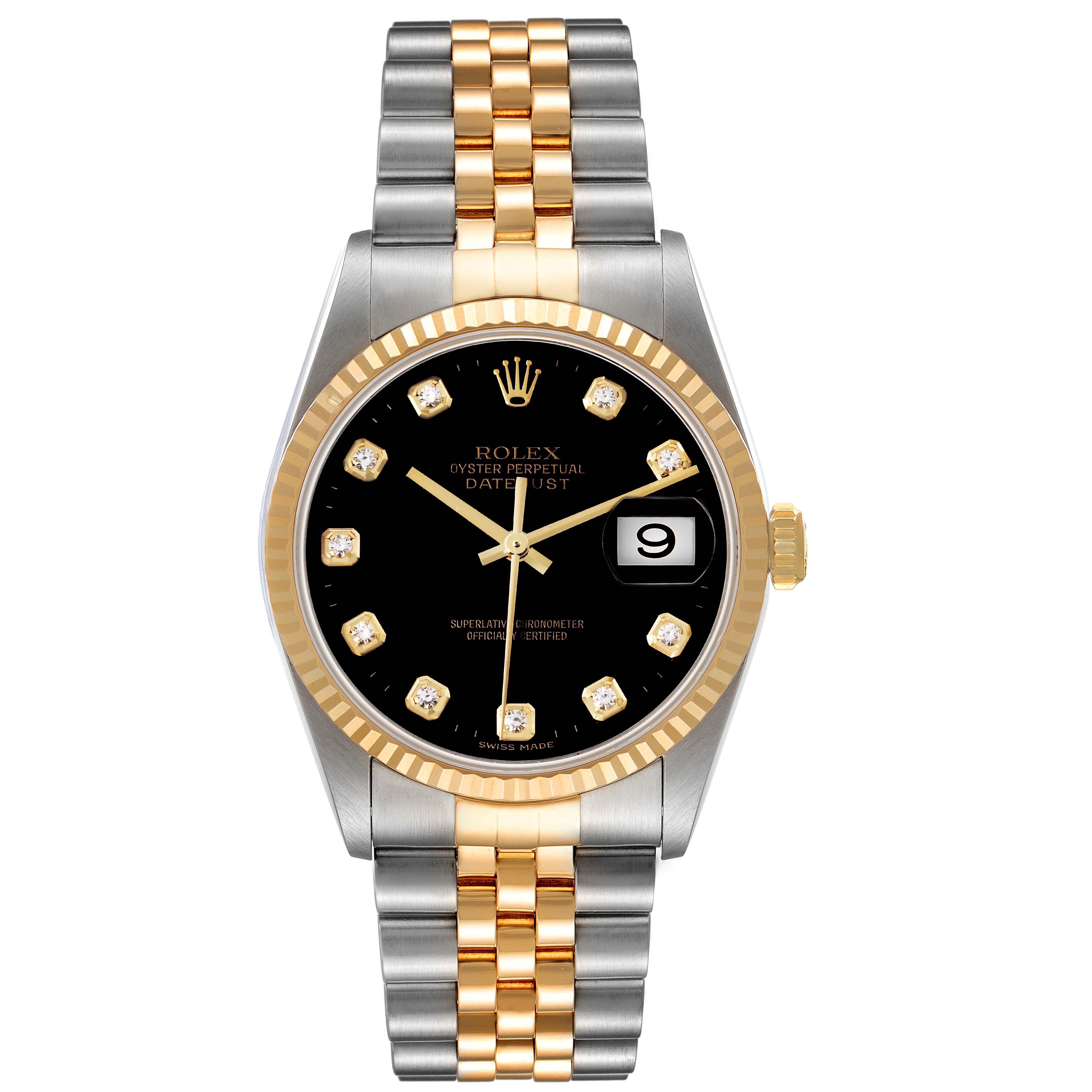 The image shows a frontal view of a Rolex Datejust 16233 Men's Steel and Gold (two tone) Black Dial 16233 Men's Steel and Gold (two tone) Black Dial watch featuring a black dial, diamond hour markers, and a two-tone bracelet.
