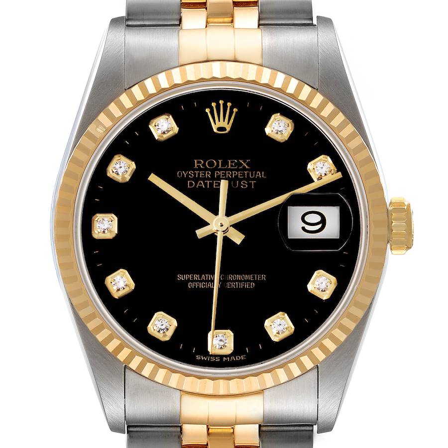 This image shows a front view of a Rolex Datejust watch, featuring a black dial, diamond hour markers, and a two-tone metal bracelet.