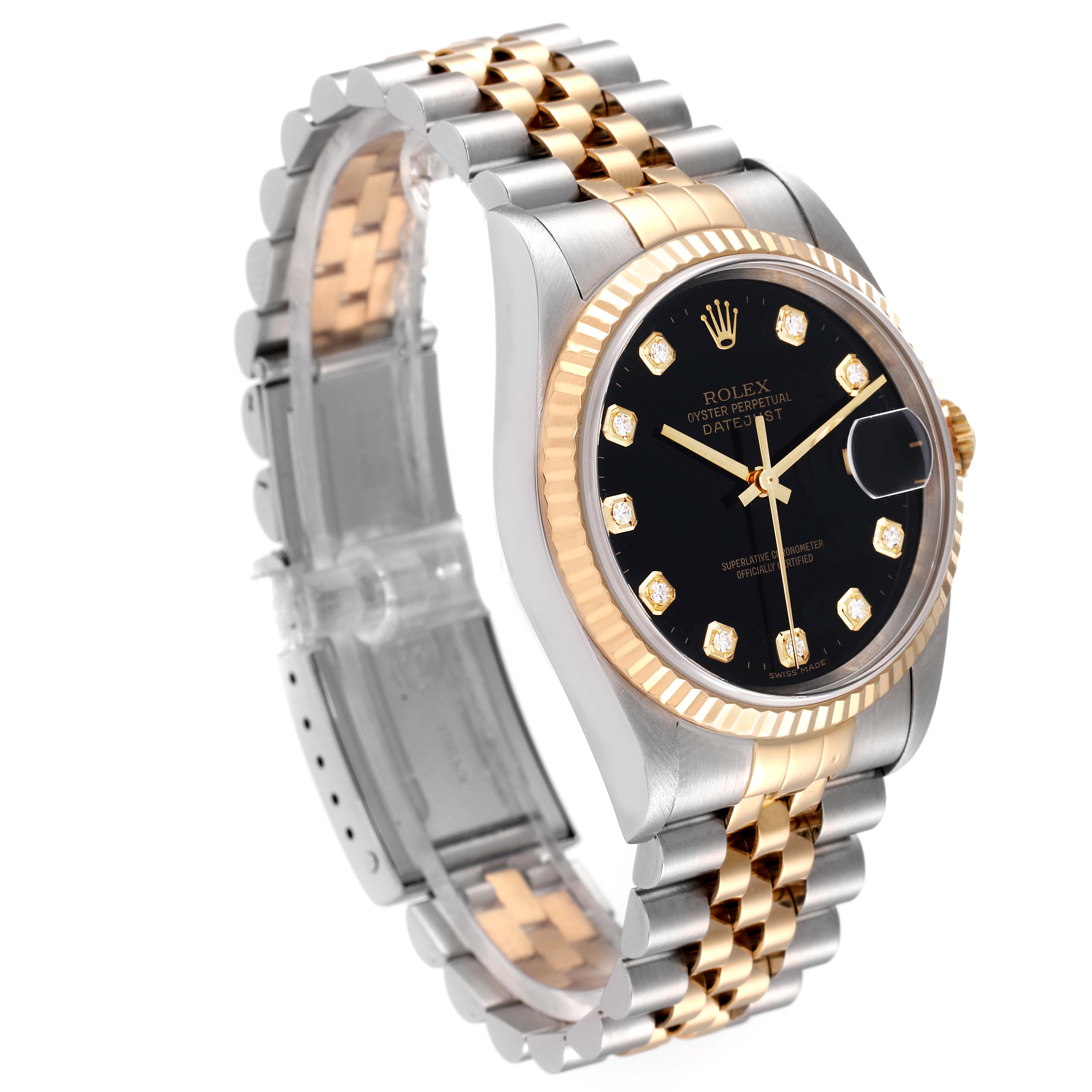 The image shows a side angle of a Rolex Datejust 16233 Men's Steel and Gold (two tone) Black Dial 16233 Men's Steel and Gold (two tone) Black Dial watch, highlighting the face, bezel, and two-tone bracelet.