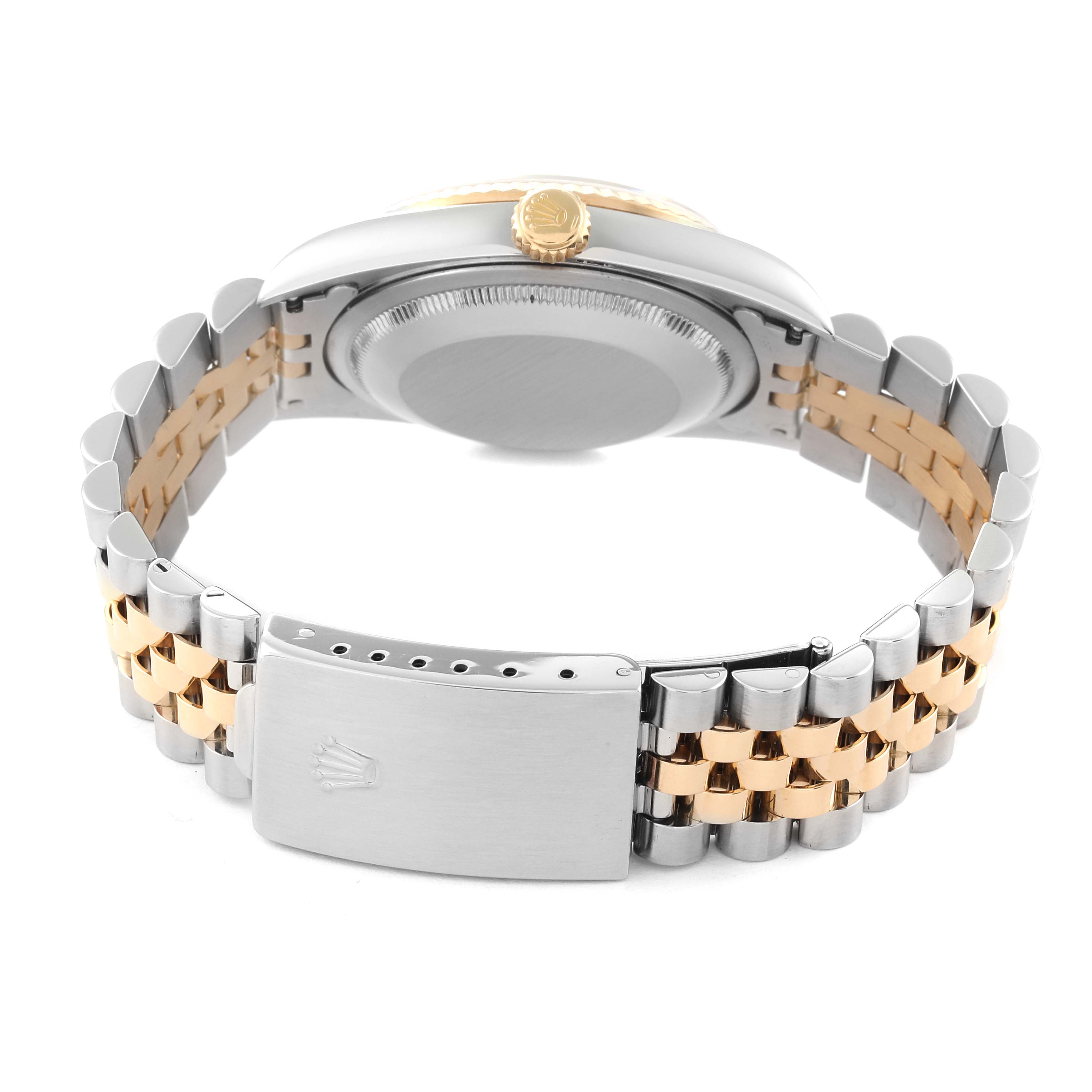 The image shows the back of the Rolex Datejust 16233 Men's Steel and Gold (two tone) Black Dial 16233 Men's Steel and Gold (two tone) Black Dial, highlighting the clasp, crown, and two-tone Jubilee bracelet.