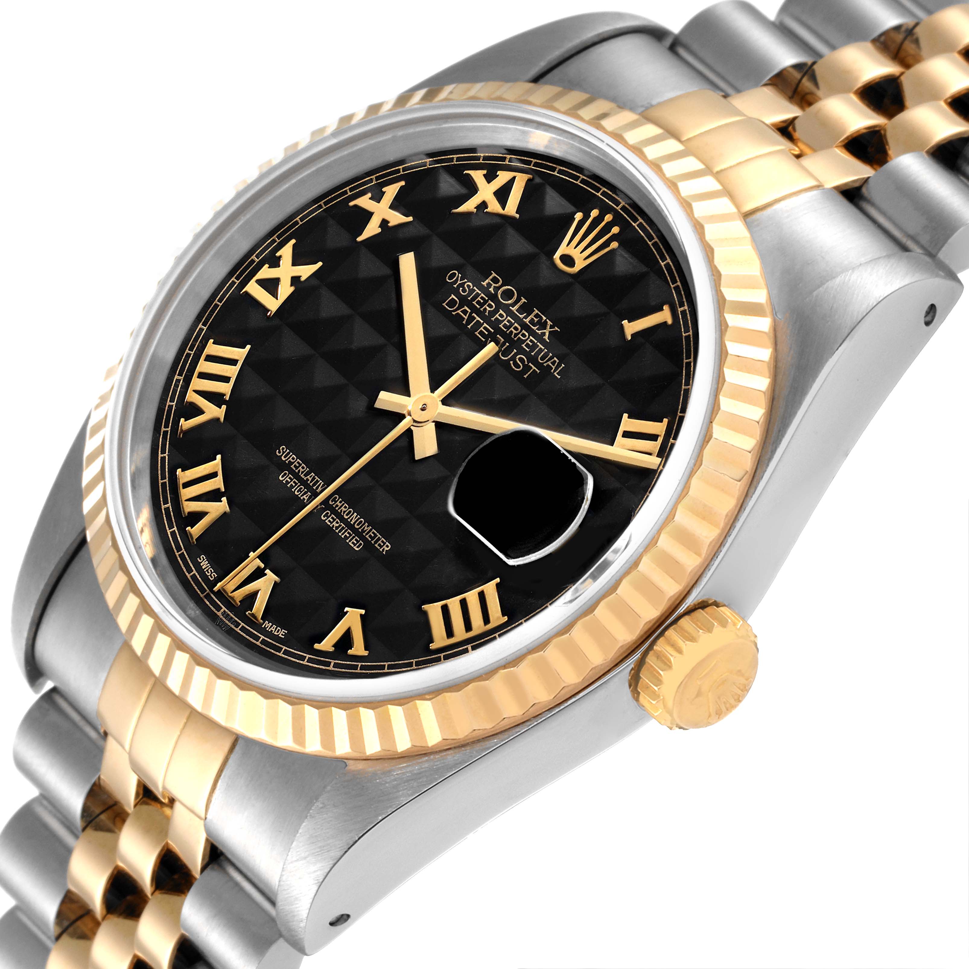 This image shows a close-up angled view of a Rolex Datejust 16233 Men's Steel and Gold (two tone) Black Dial 16233 Men's Steel and Gold (two tone) Black Dial watch, highlighting the dial, bezel, crown, and part of the bracelet.