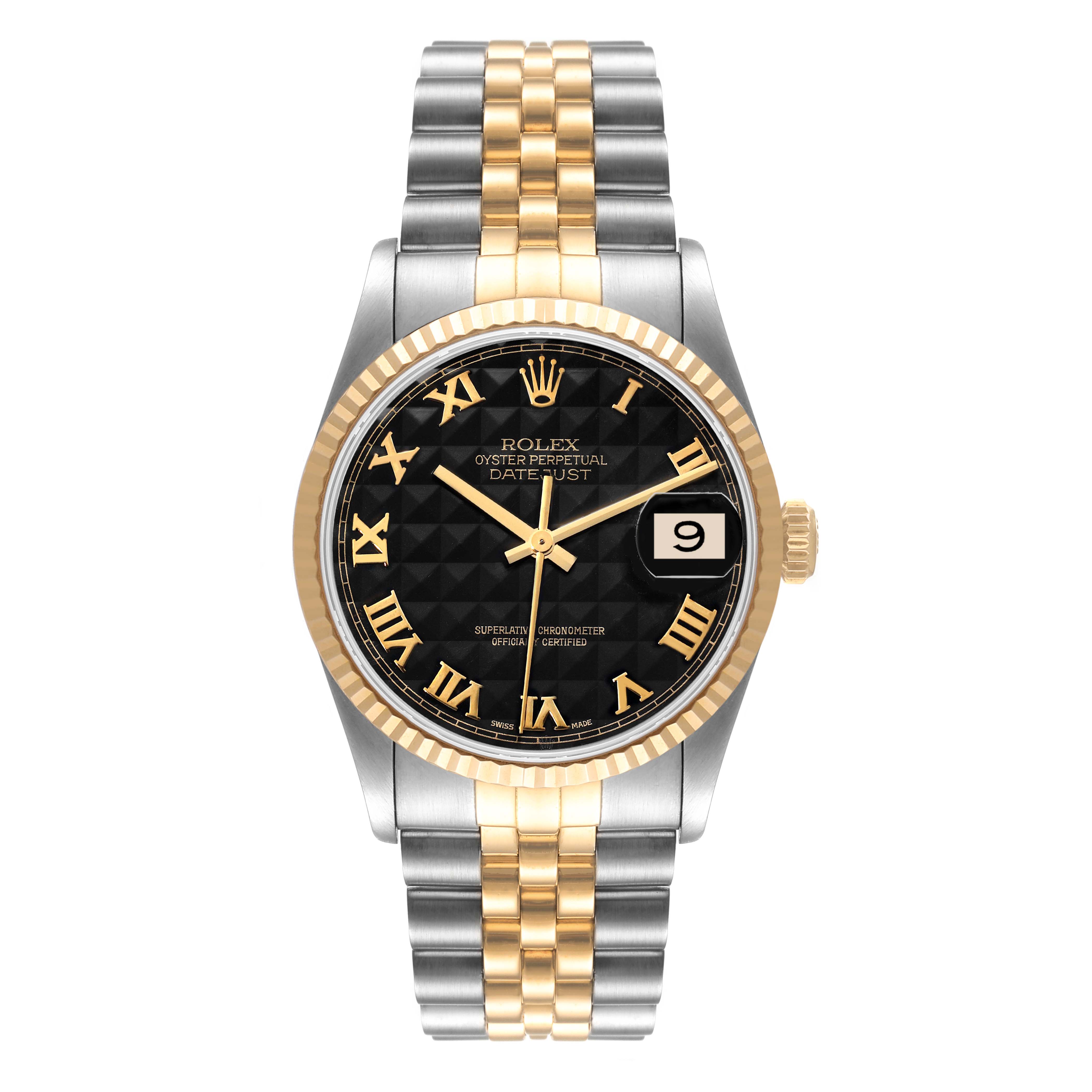 This image shows a Rolex Datejust 16233 Men's Steel and Gold (two tone) Black Dial 16233 Men's Steel and Gold (two tone) Black Dial watch with a black dial, gold Roman numerals, a date window, and a two-tone metal bracelet.