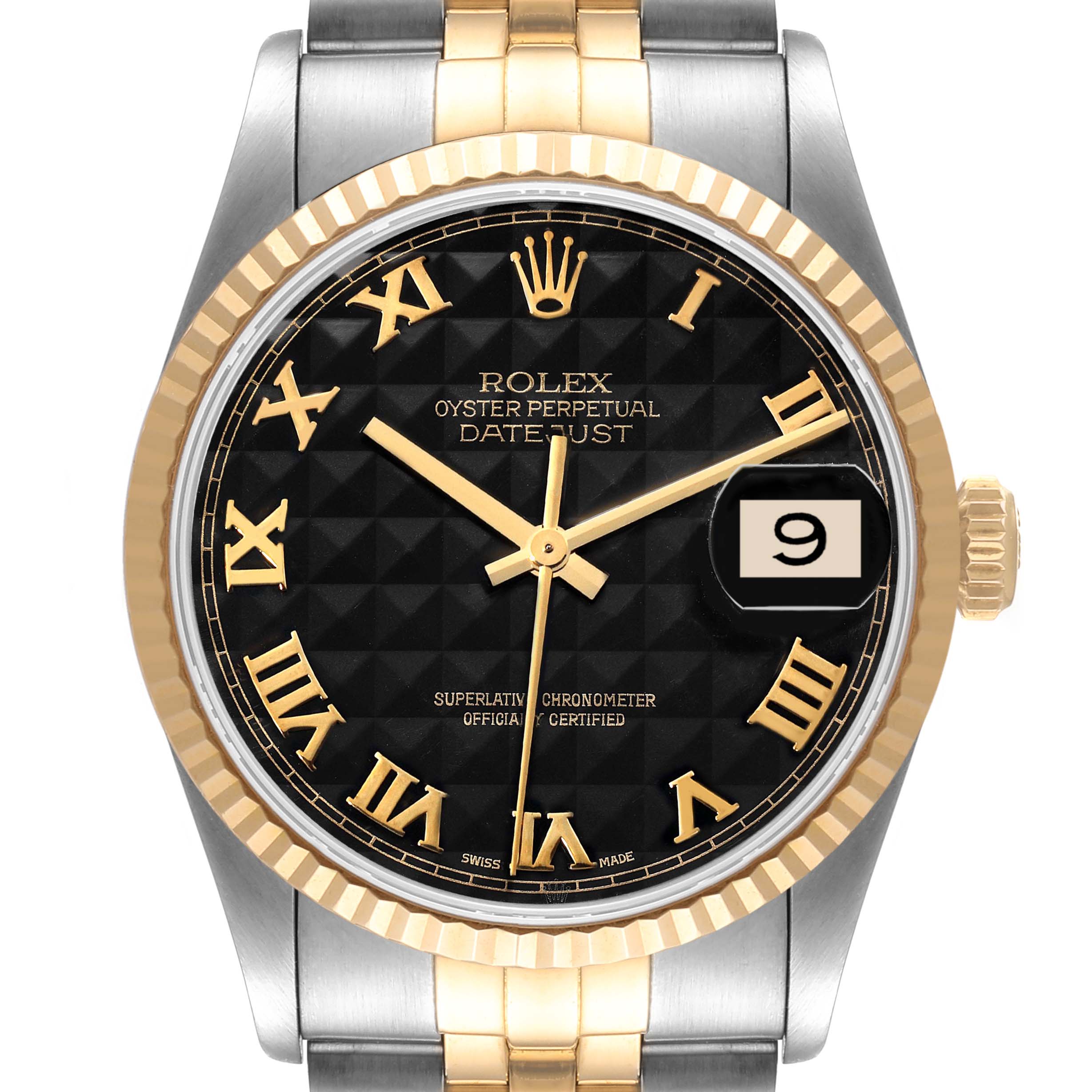 The image shows a frontal view of a Rolex Datejust 16233 Men's Steel and Gold (two tone) Black Dial 16233 Men's Steel and Gold (two tone) Black Dial watch, highlighting its black dial, gold Roman numerals, and two-tone bracelet.