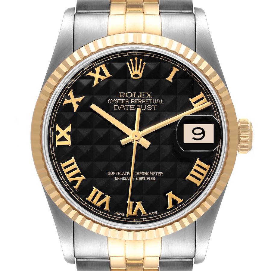 Rolex Datejust Steel Yellow Gold Black Pyramid Roman Dial Mens Watch 16233 SwissWatchExpo