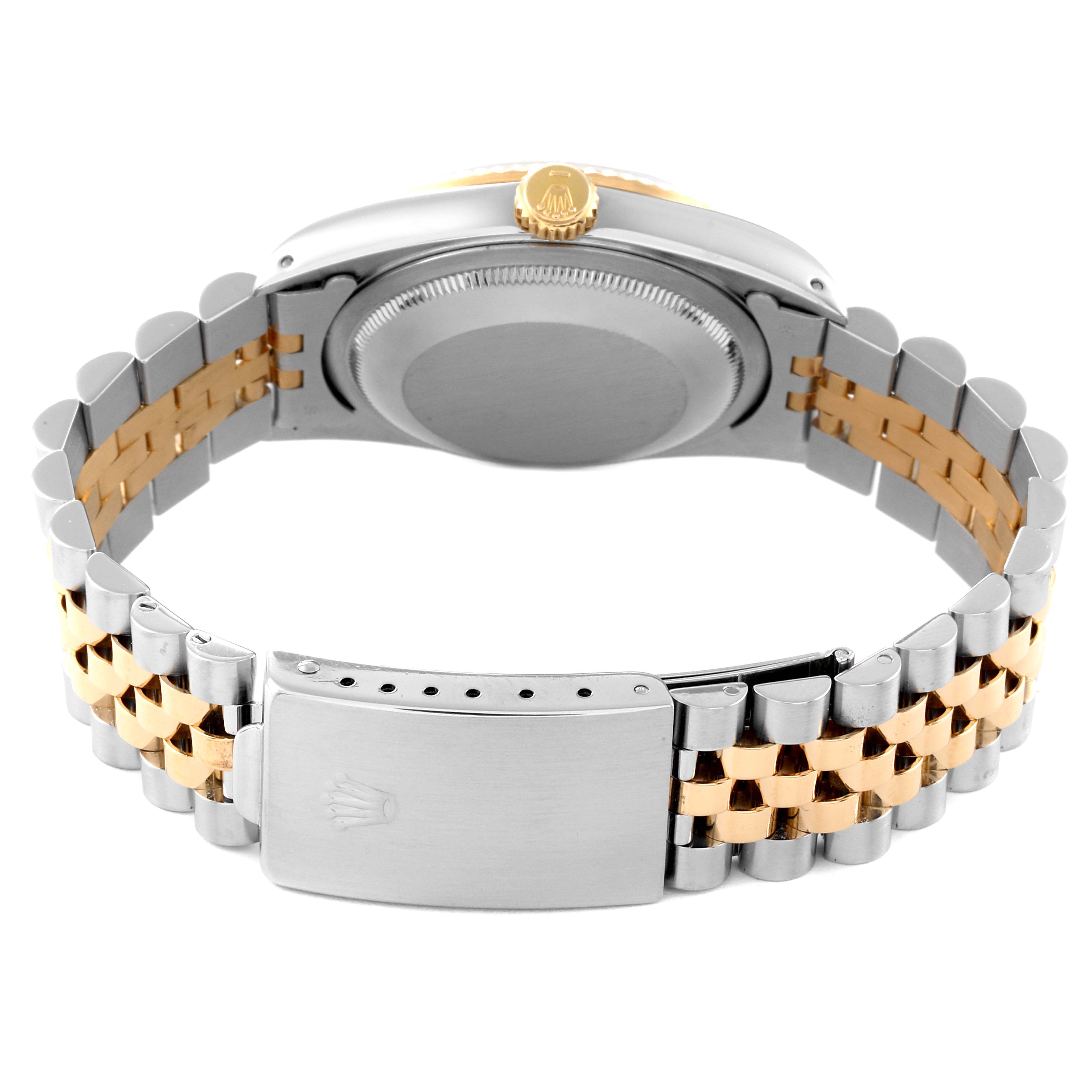 The image shows the back view of a Rolex Datejust 16233 Men's Steel and Gold (two tone) Black Dial 16233 Men's Steel and Gold (two tone) Black Dial watch, focusing on the case back, crown, and two-tone bracelet.