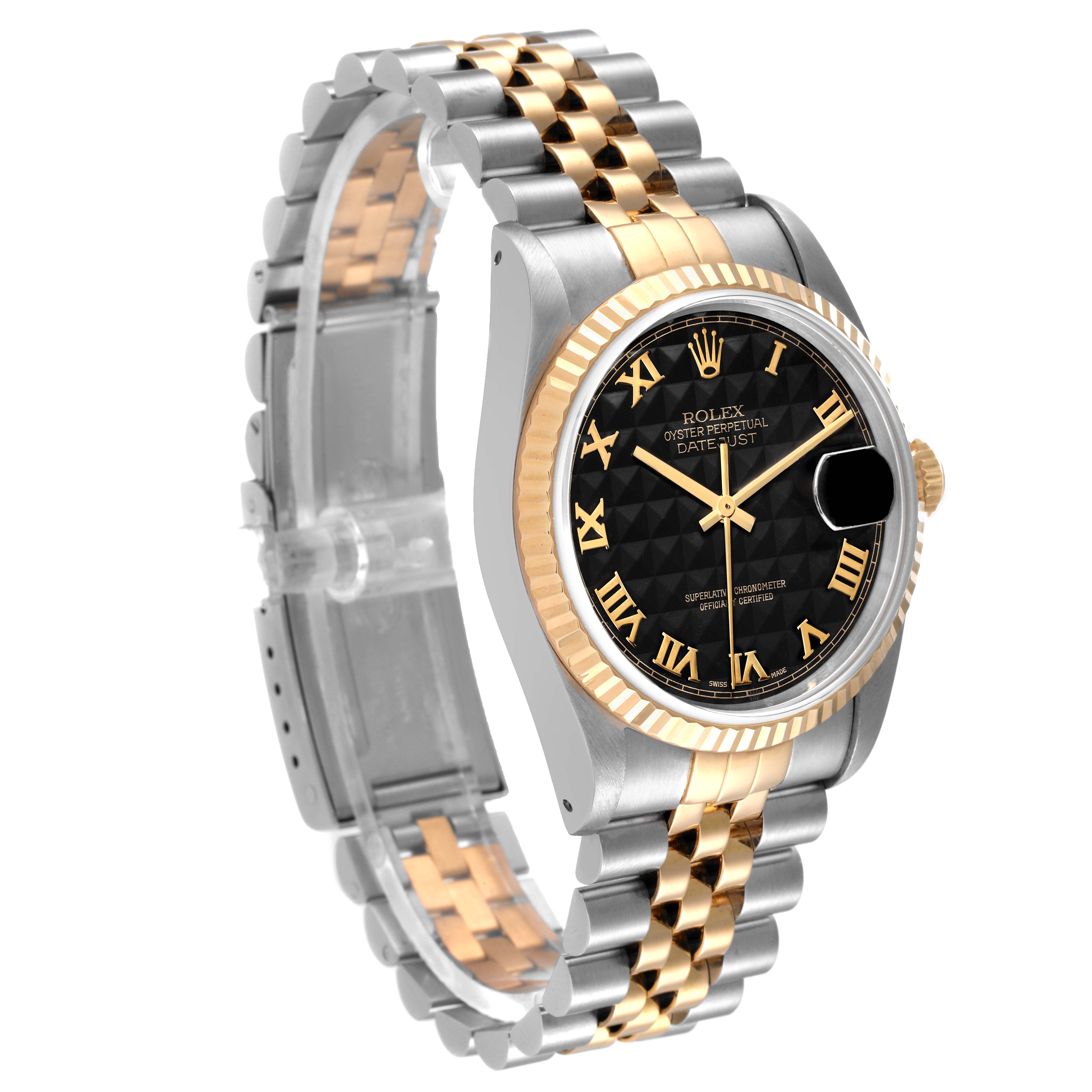 This image shows a side angle of a Rolex Datejust 16233 Men's Steel and Gold (two tone) Black Dial 16233 Men's Steel and Gold (two tone) Black Dial watch, highlighting the dial, bezel, crown, and bracelet.