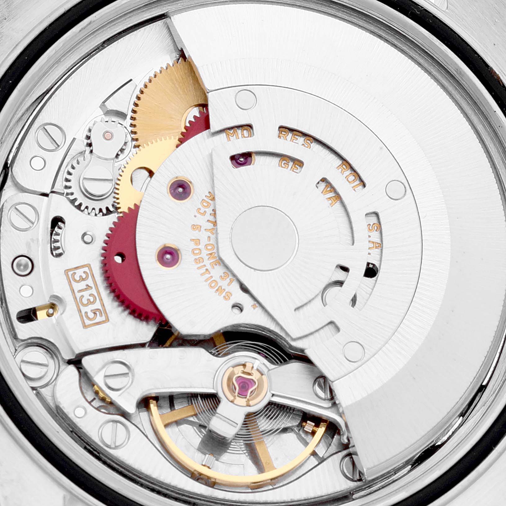 This image shows a close-up view of the movement mechanism of a Rolex Datejust 16233 Men's Steel and Gold (two tone) Black Dial 16233 Men's Steel and Gold (two tone) Black Dial watch.
