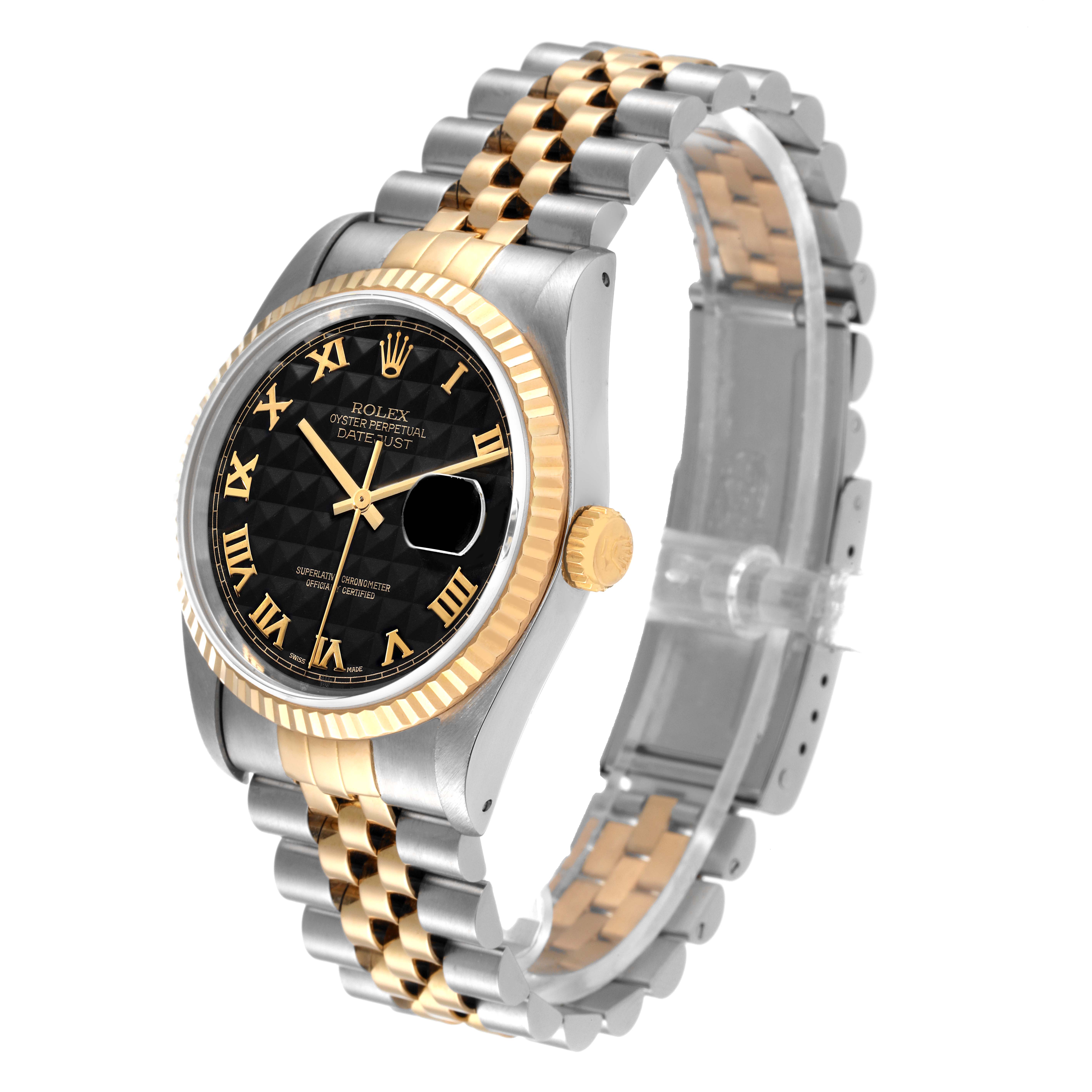 The Rolex Datejust 16233 Men's Steel and Gold (two tone) Black Dial 16233 Men's Steel and Gold (two tone) Black Dial watch is shown at a three-quarter angle, displaying the dial, bezel, and two-tone bracelet.