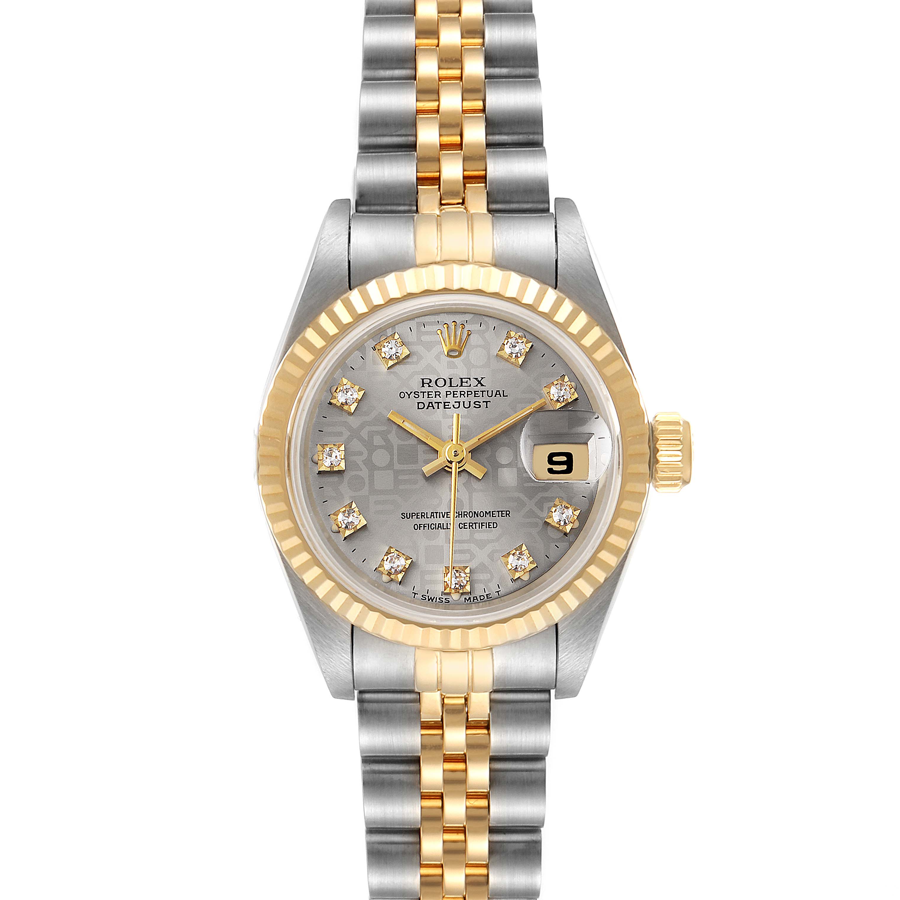 The image shows a Rolex Datejust 69173 Women's Steel and Gold (two tone) Grey Dial 69173 Women's Steel and Gold (two tone) Grey Dial watch, displaying its face, bracelet, and crown from a top-down angle.
