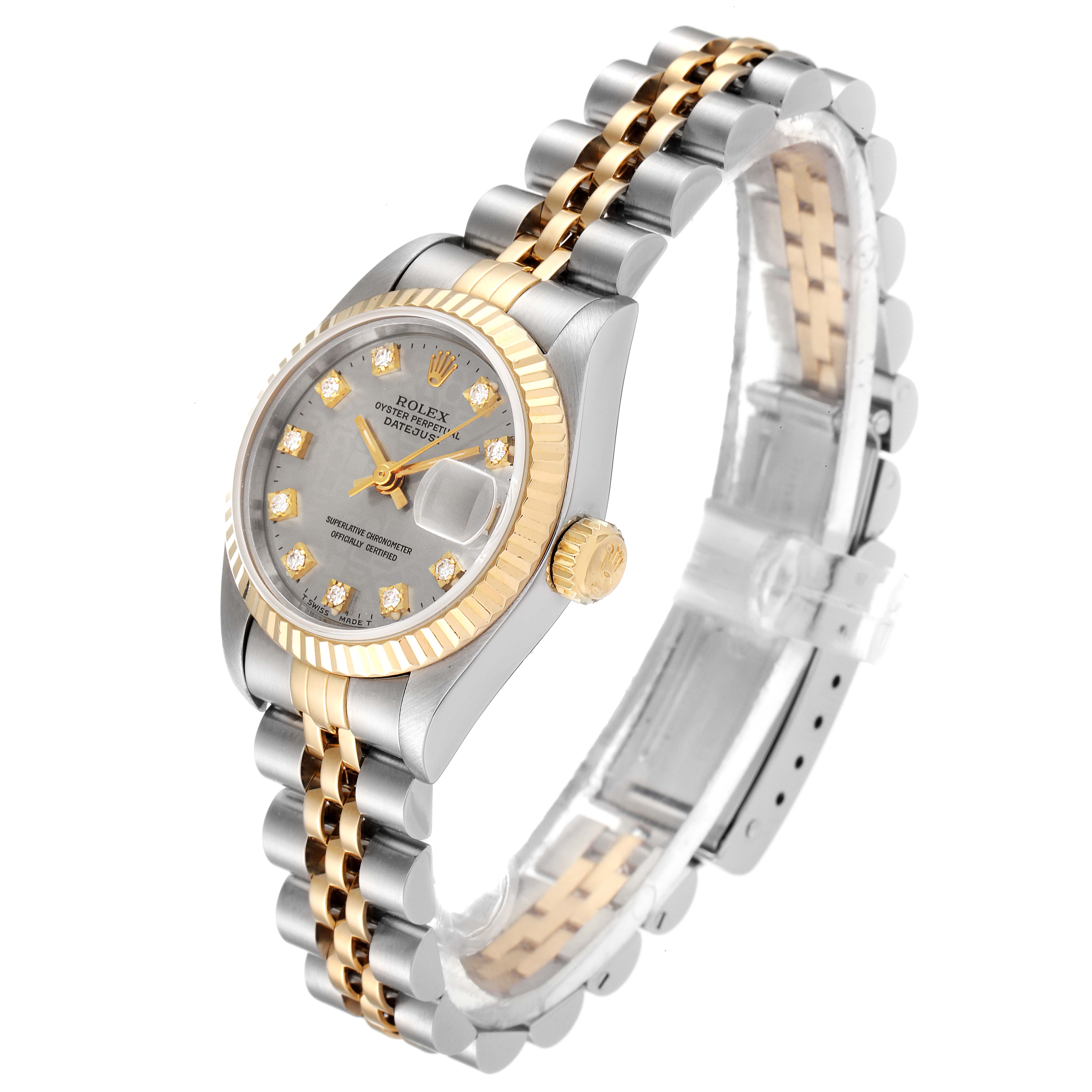 The Rolex Datejust 69173 Women's Steel and Gold (two tone) Grey Dial 69173 Women's Steel and Gold (two tone) Grey Dial watch is shown at a three-quarter angle, highlighting the face, bezel, and two-tone bracelet.
