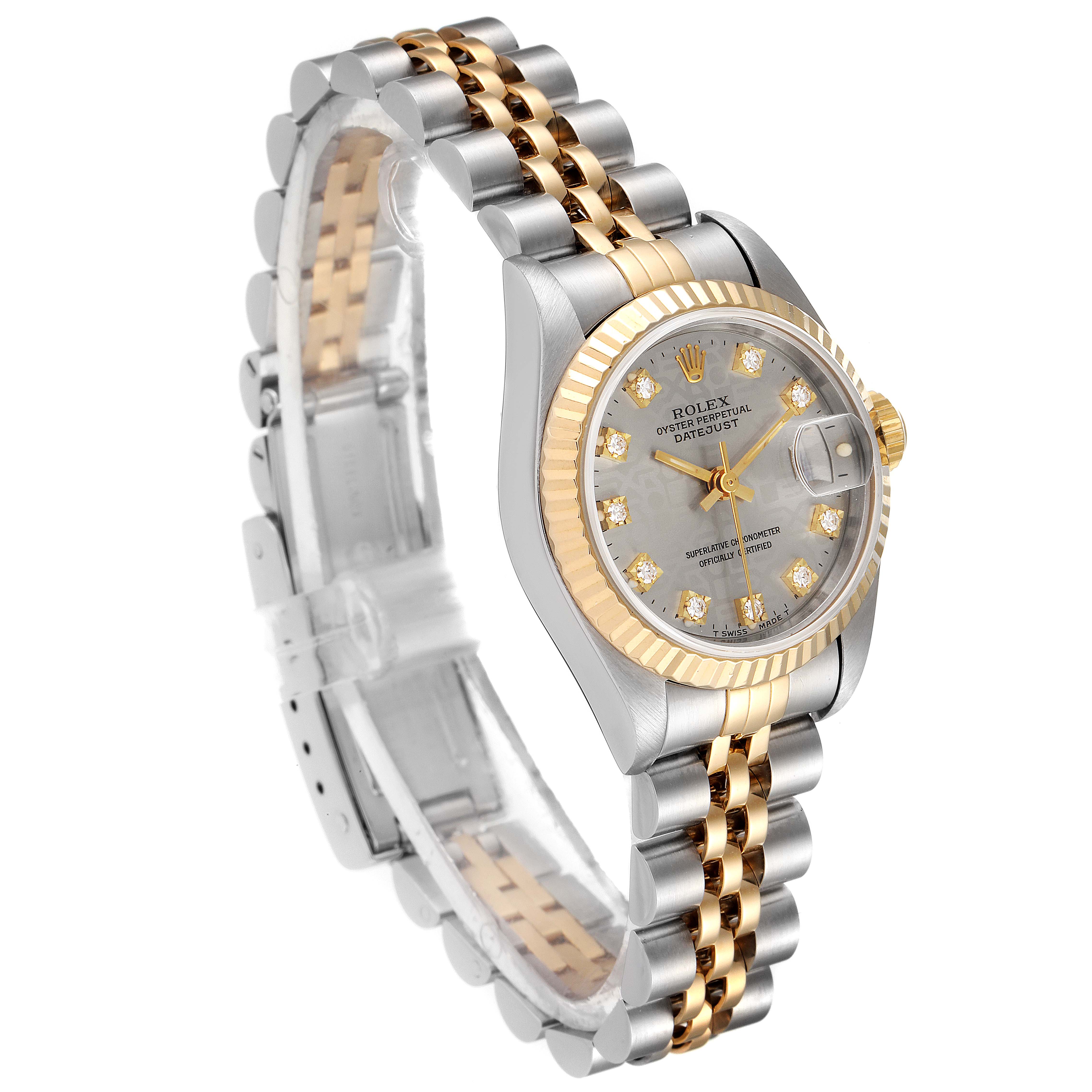 This image shows a side and angled view of a Rolex Datejust 69173 Women's Steel and Gold (two tone) Grey Dial 69173 Women's Steel and Gold (two tone) Grey Dial watch, highlighting its two-tone bracelet and detailed dial.