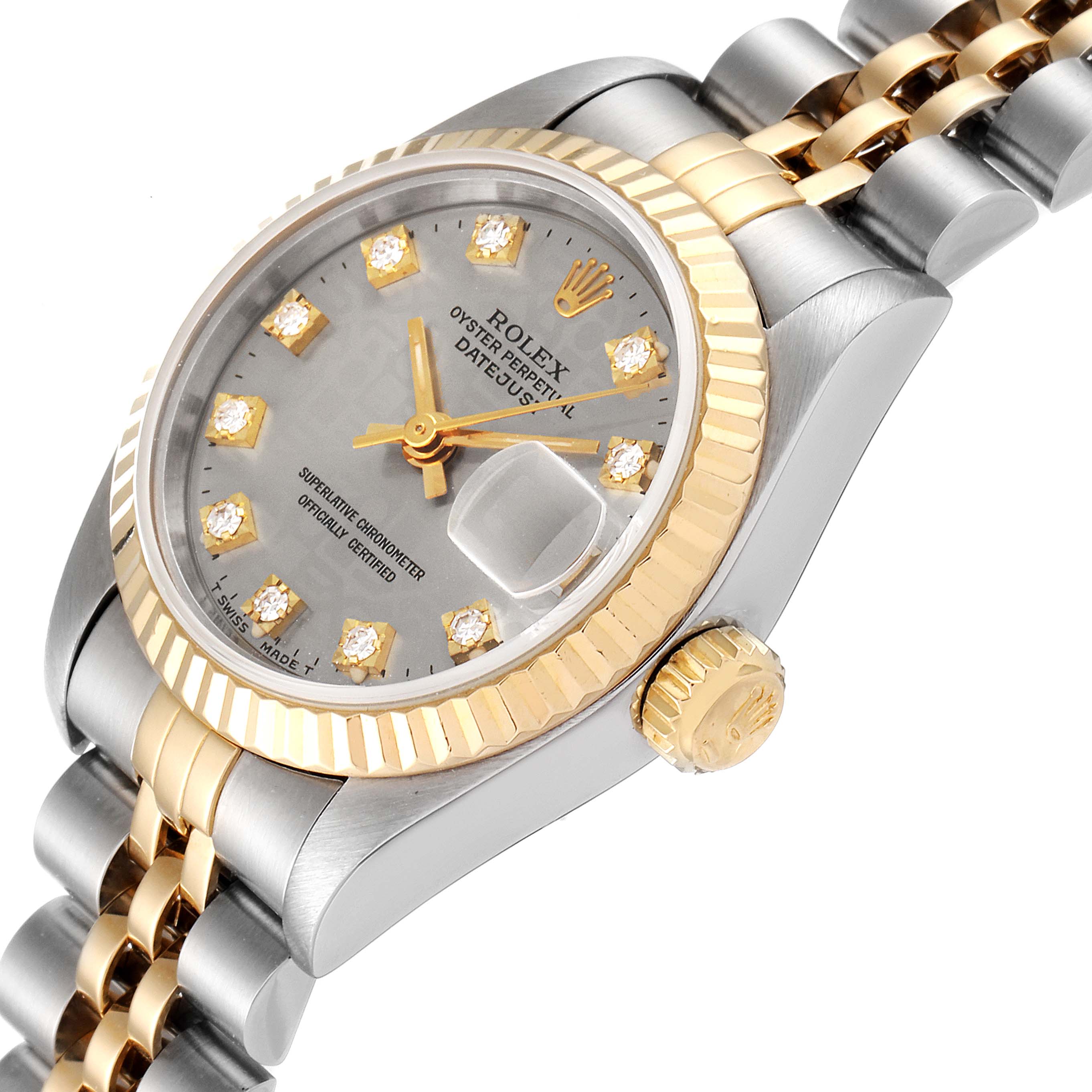 This image shows a close-up angle of the Rolex Datejust 69173 Women's Steel and Gold (two tone) Grey Dial 69173 Women's Steel and Gold (two tone) Grey Dial watch, highlighting the face, crown, and part of the bracelet.