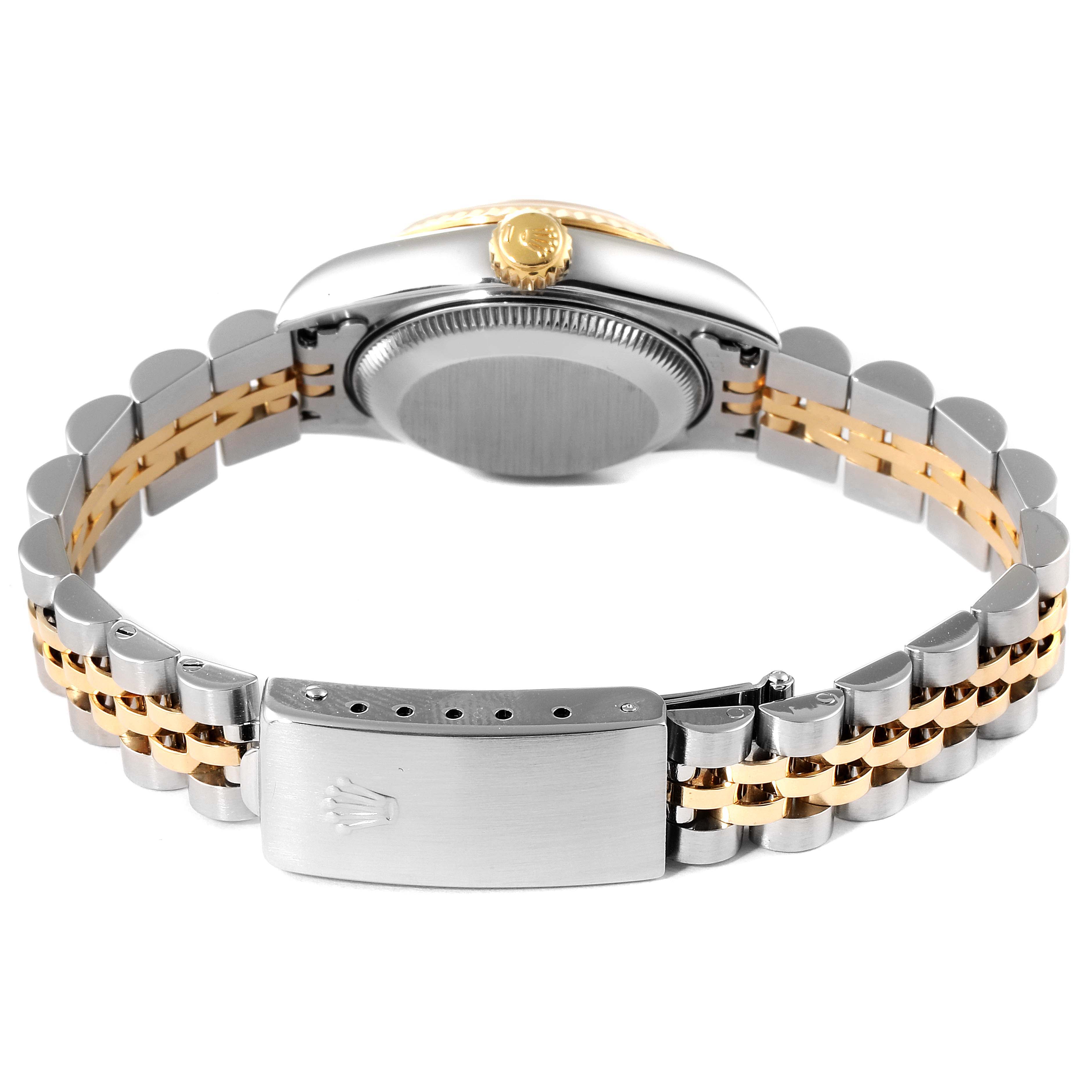 The image shows the back view of a Rolex Datejust 69173 Women's Steel and Gold (two tone) Grey Dial 69173 Women's Steel and Gold (two tone) Grey Dial watch, including the bracelet and clasp.