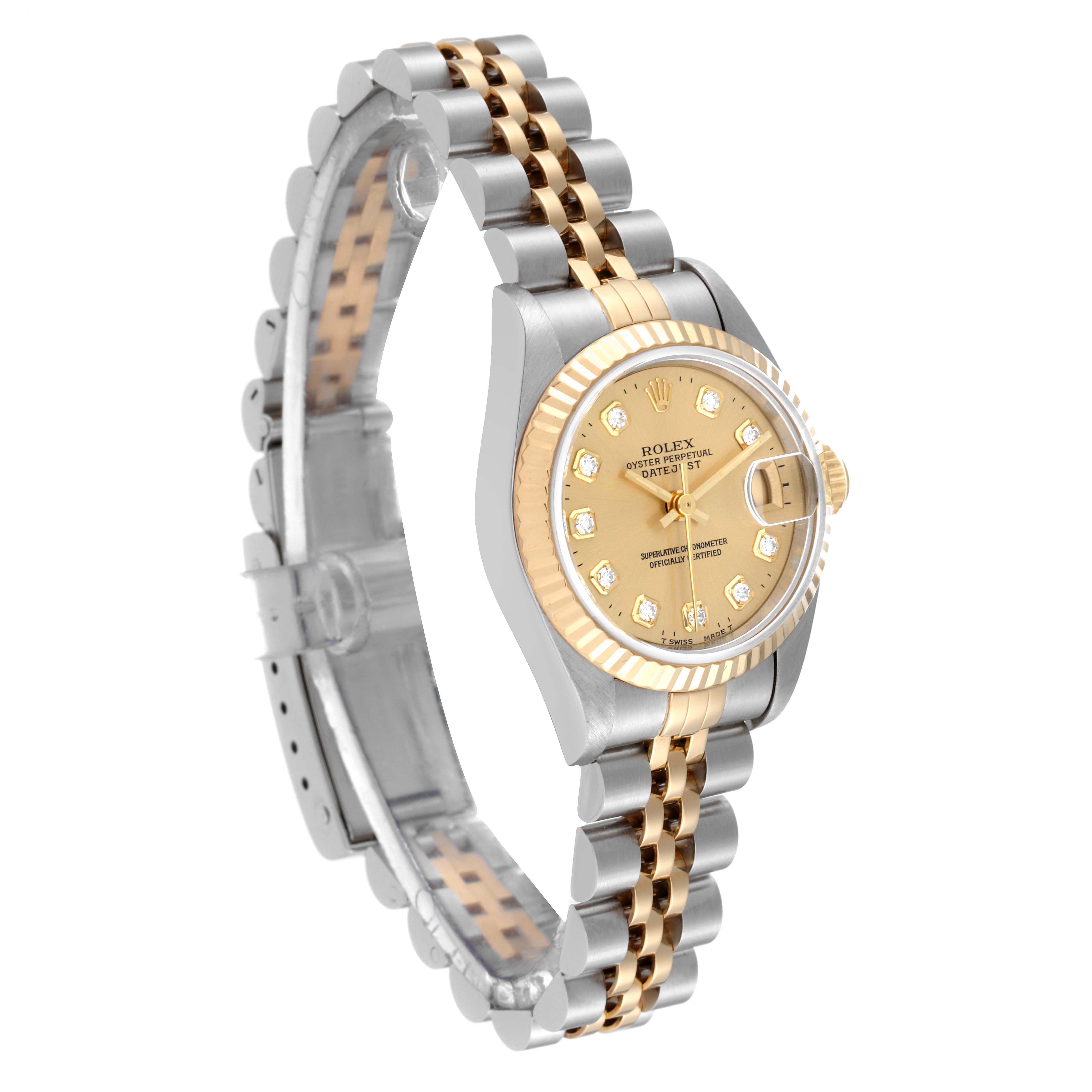 The image shows a side angle of a Rolex Datejust 69173 Women's Steel and Gold (two tone) Champagne Dial 69173 Women's Steel and Gold (two tone) Champagne Dial watch, highlighting the bracelet, bezel, and dial with diamond markers.